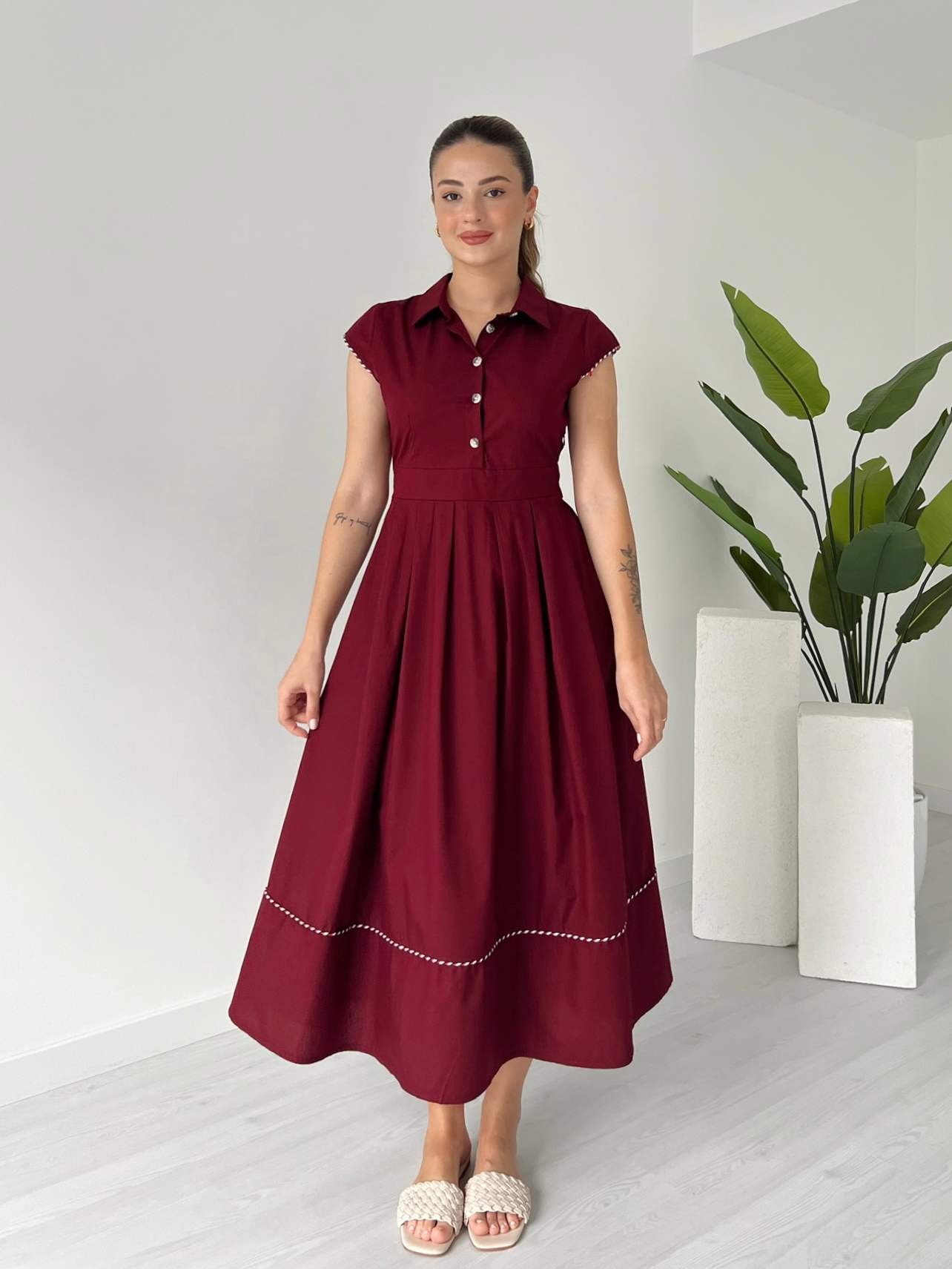 Renkli Dikişli Midi Boy Poplin Elbise - Bordo