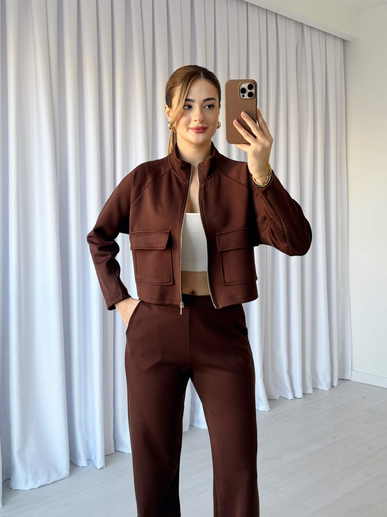 Crop Ceketli Modal Takım - Kahve