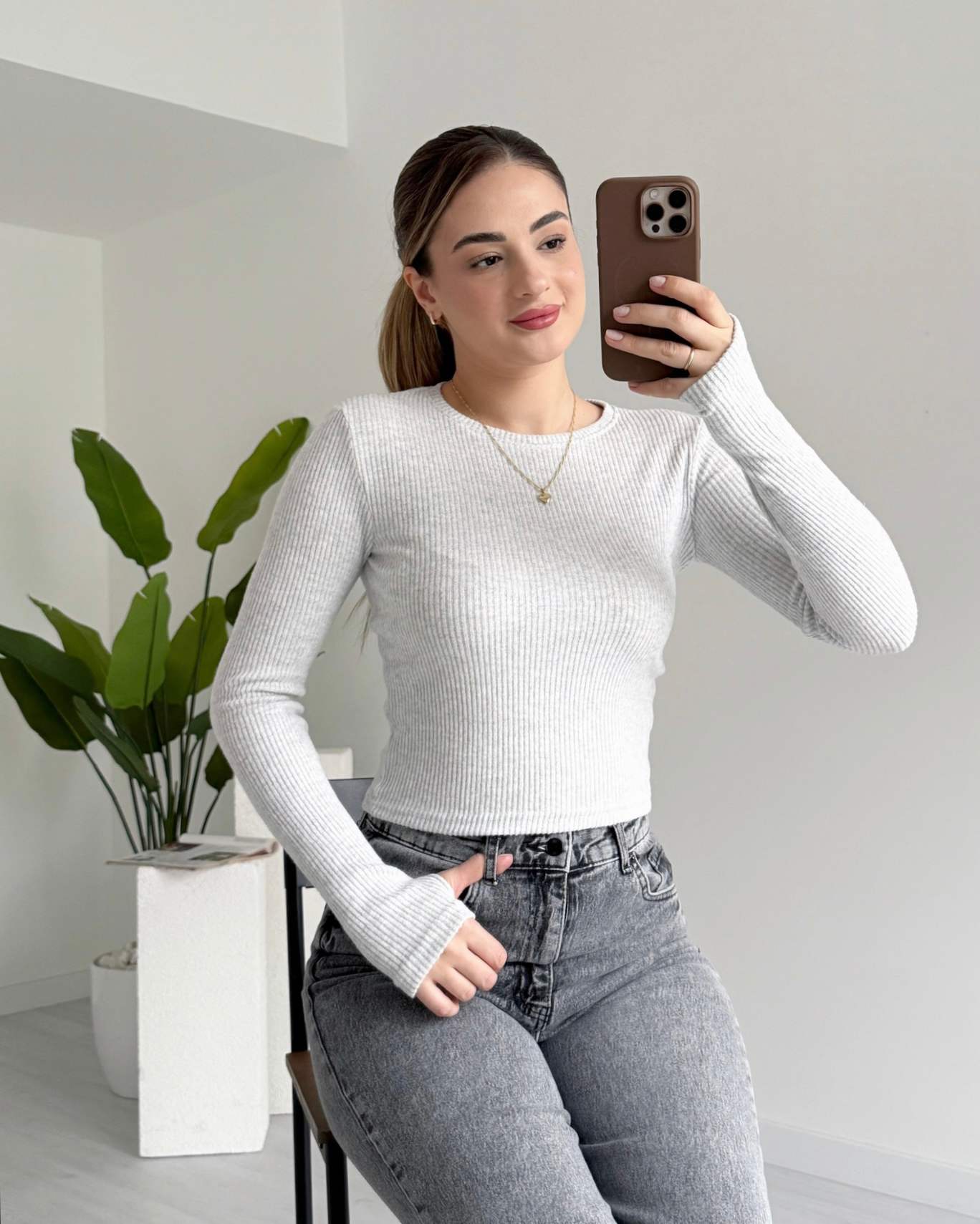 Parmak Detaylı Fitilli Penye Body - Gri