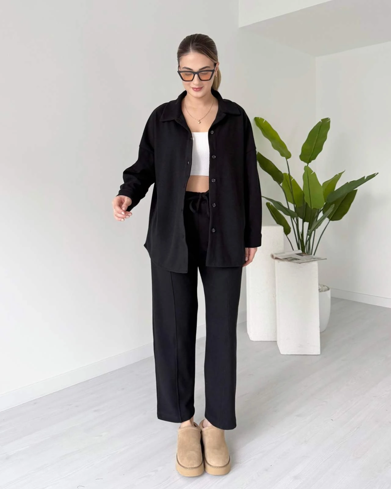 Kısa Paça Gömlekli Oversize Takım - Siyah