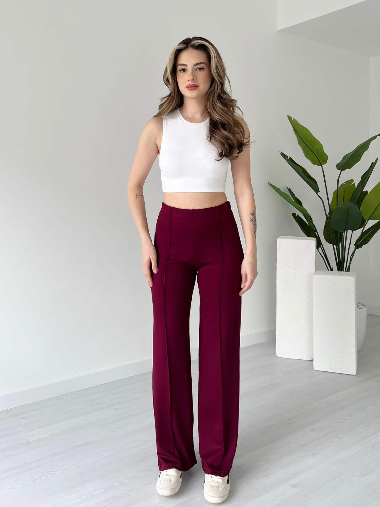 Önü Çimalı Yüksek Bel Modal Pantolon - Bordo