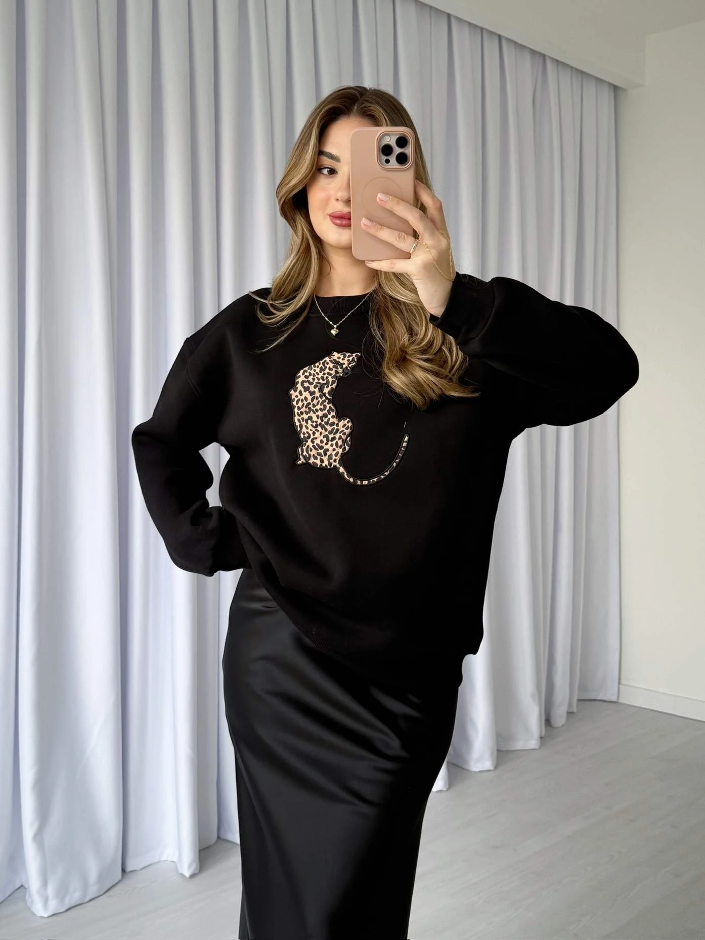 Üç İplik İçi Polar Leopar Sweatshirt