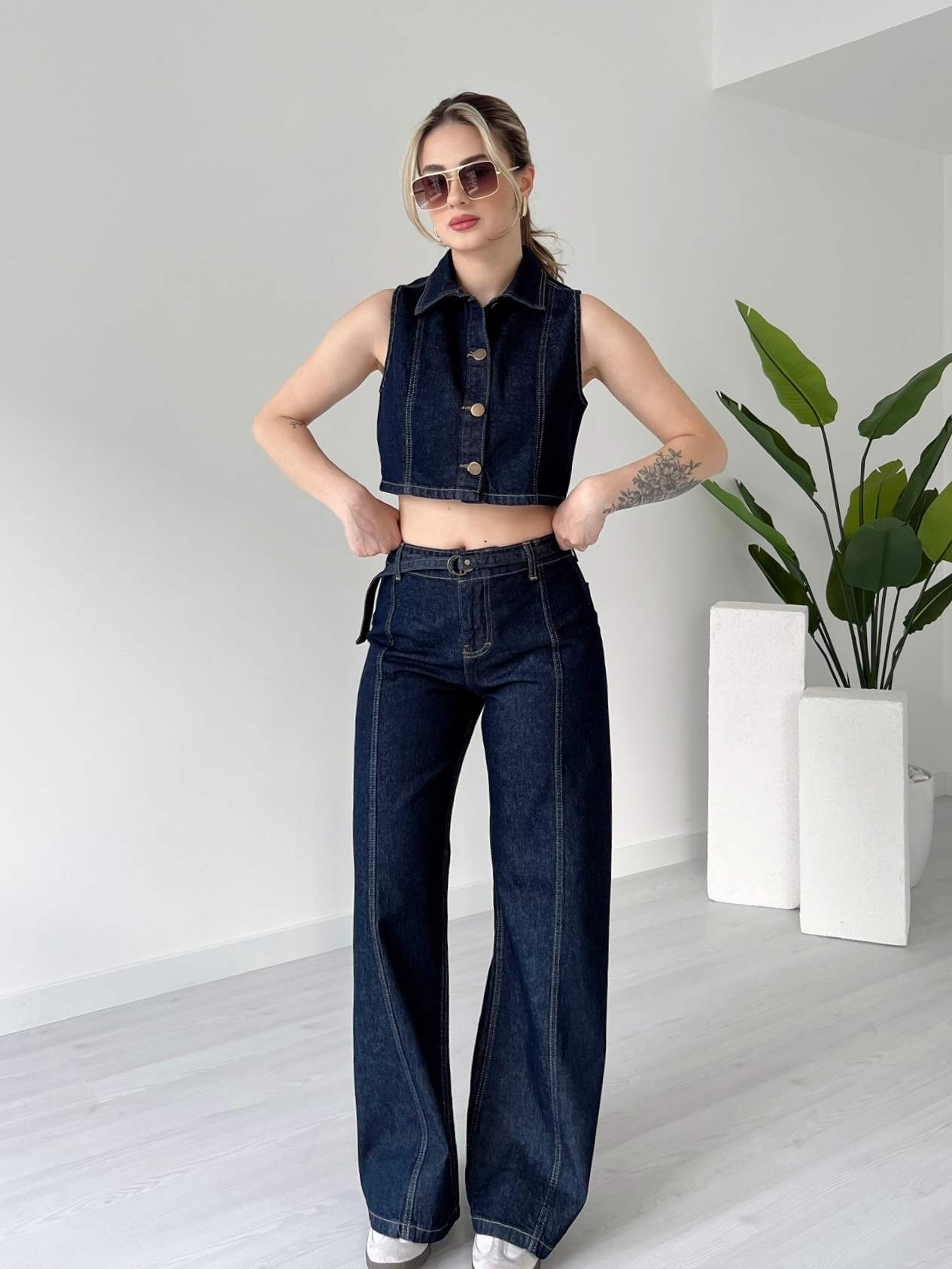 İnce Kemerli Pantolon Yelek Denim Takım