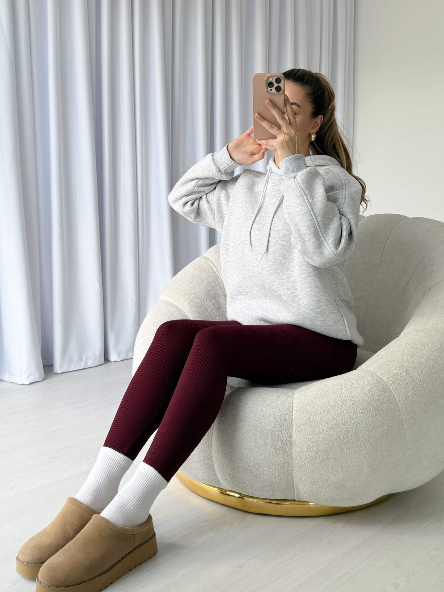 Şardonlu Yüksek Bel Fitilli Tayt - Bordo