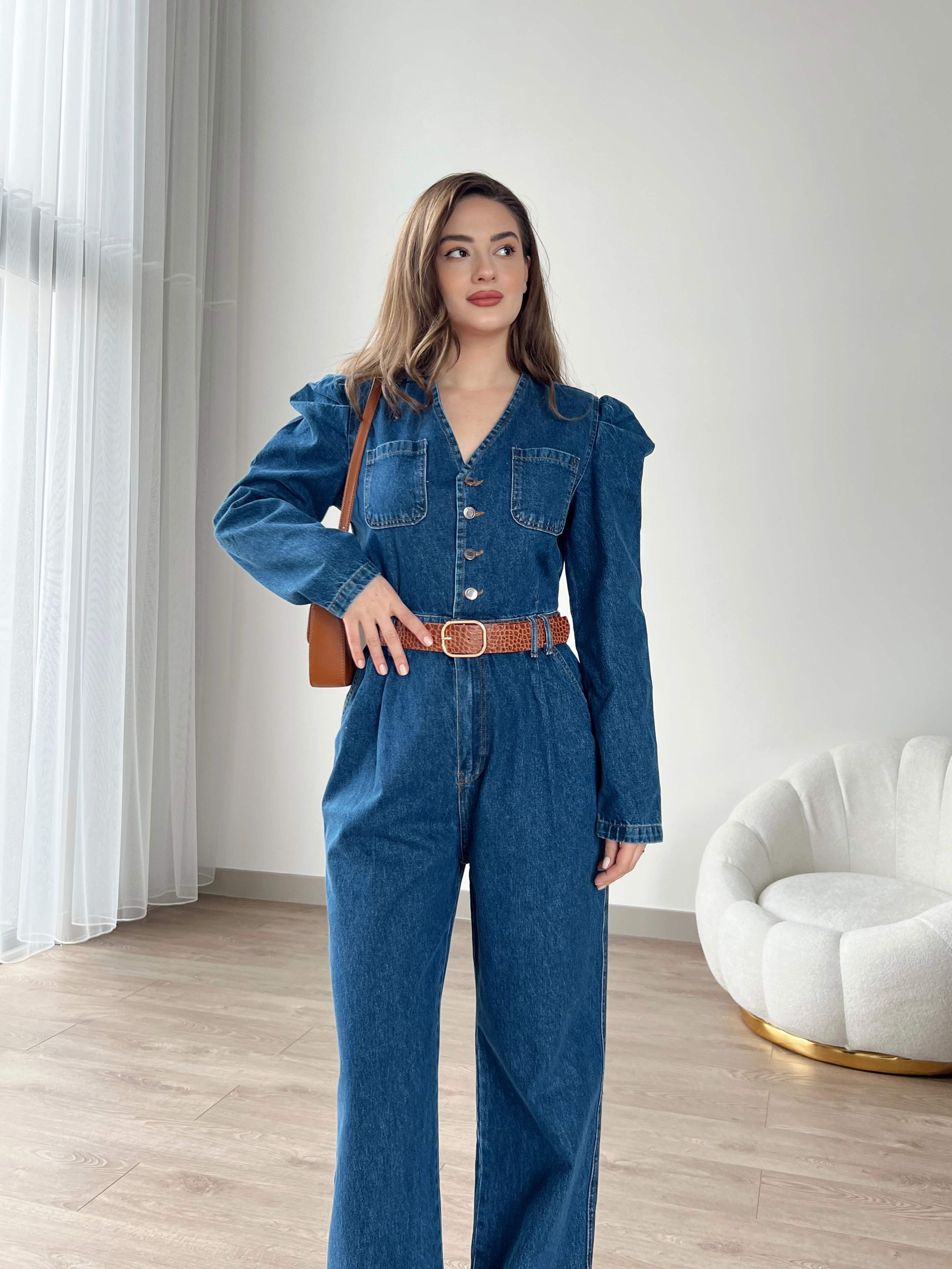 Omuz Detaylı Kemerli Denim Tulum