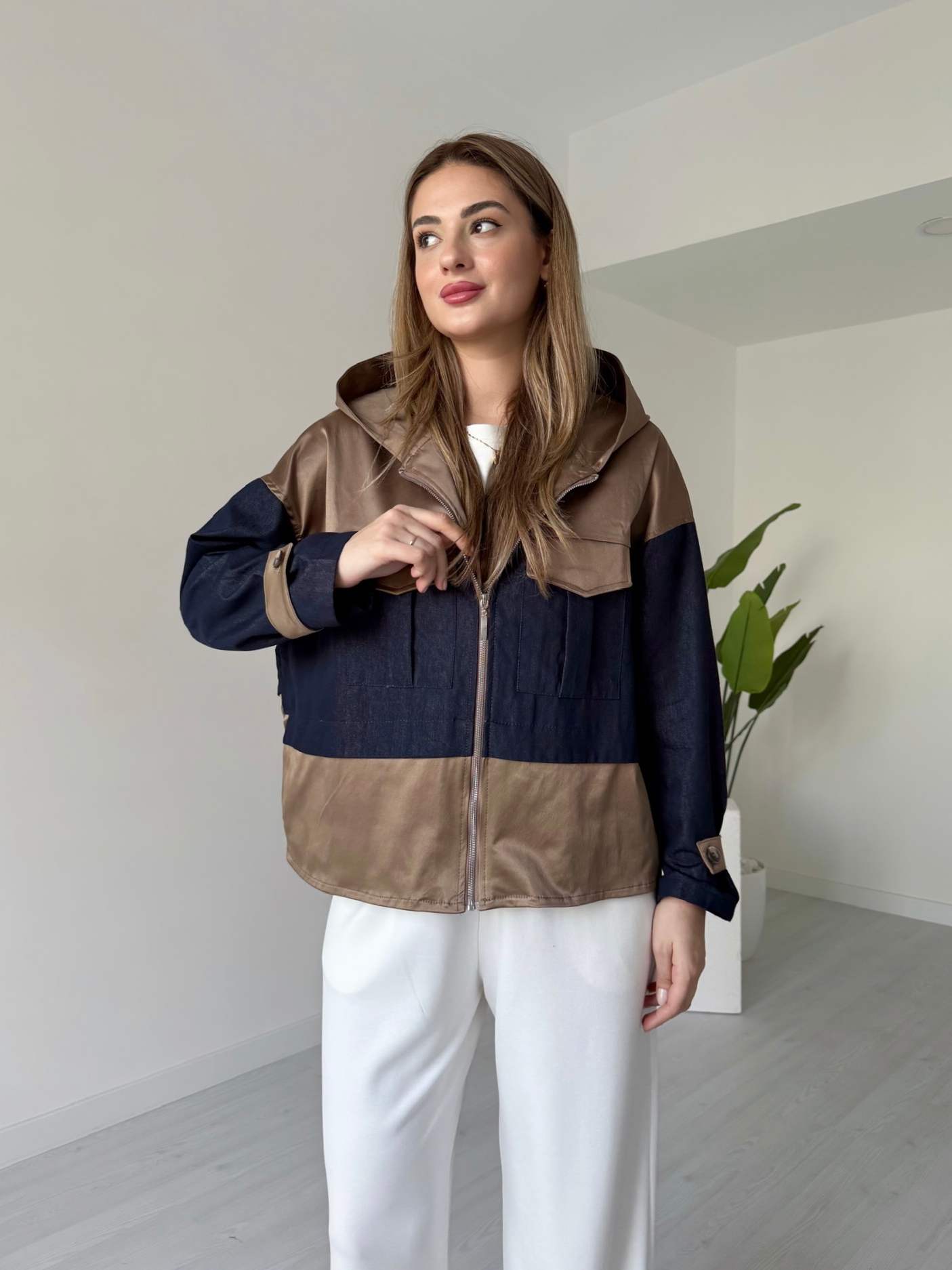 Denim Garnili Kapüşonlu Mont