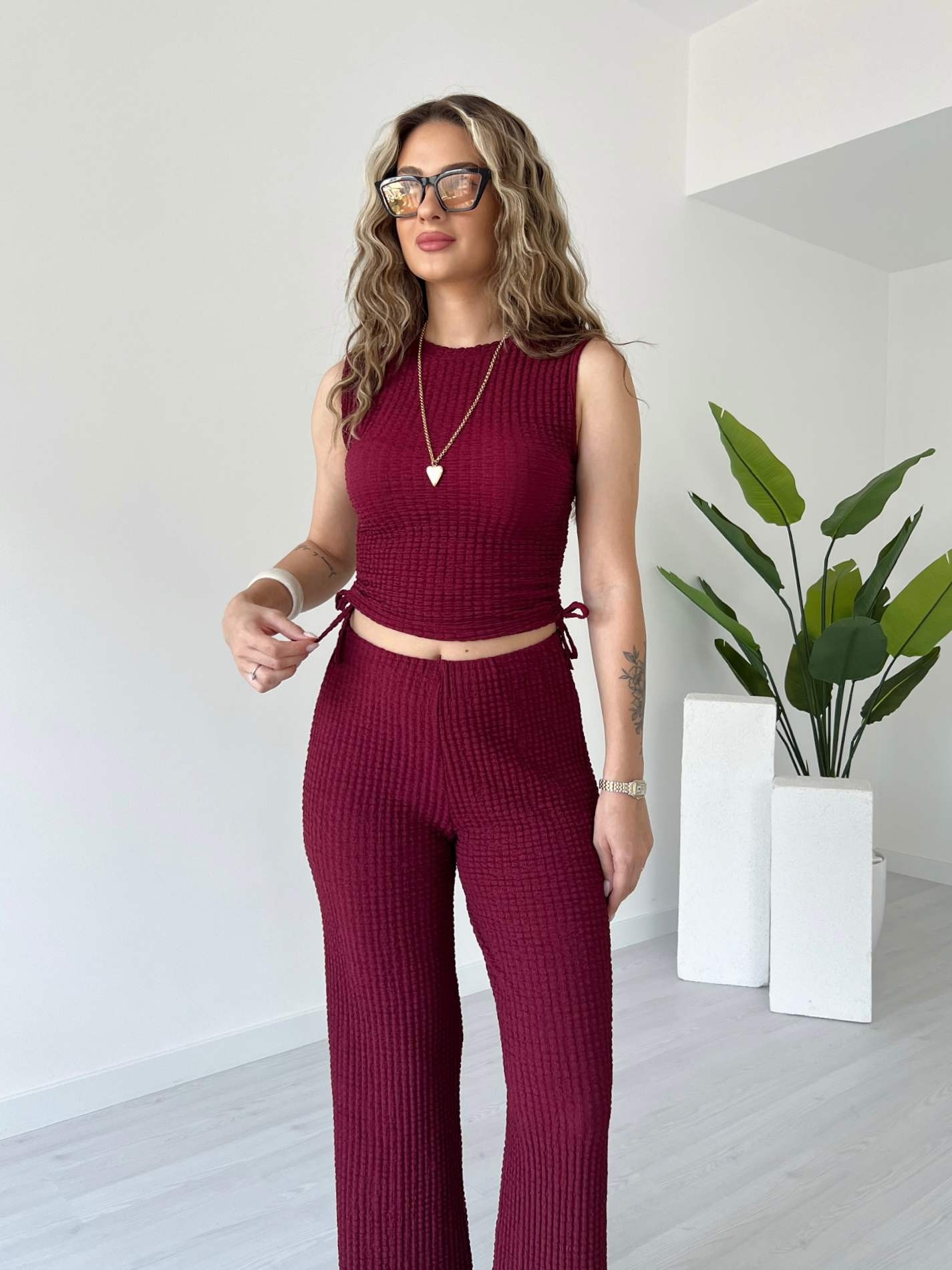 Bubble Kumaş Crop Takım