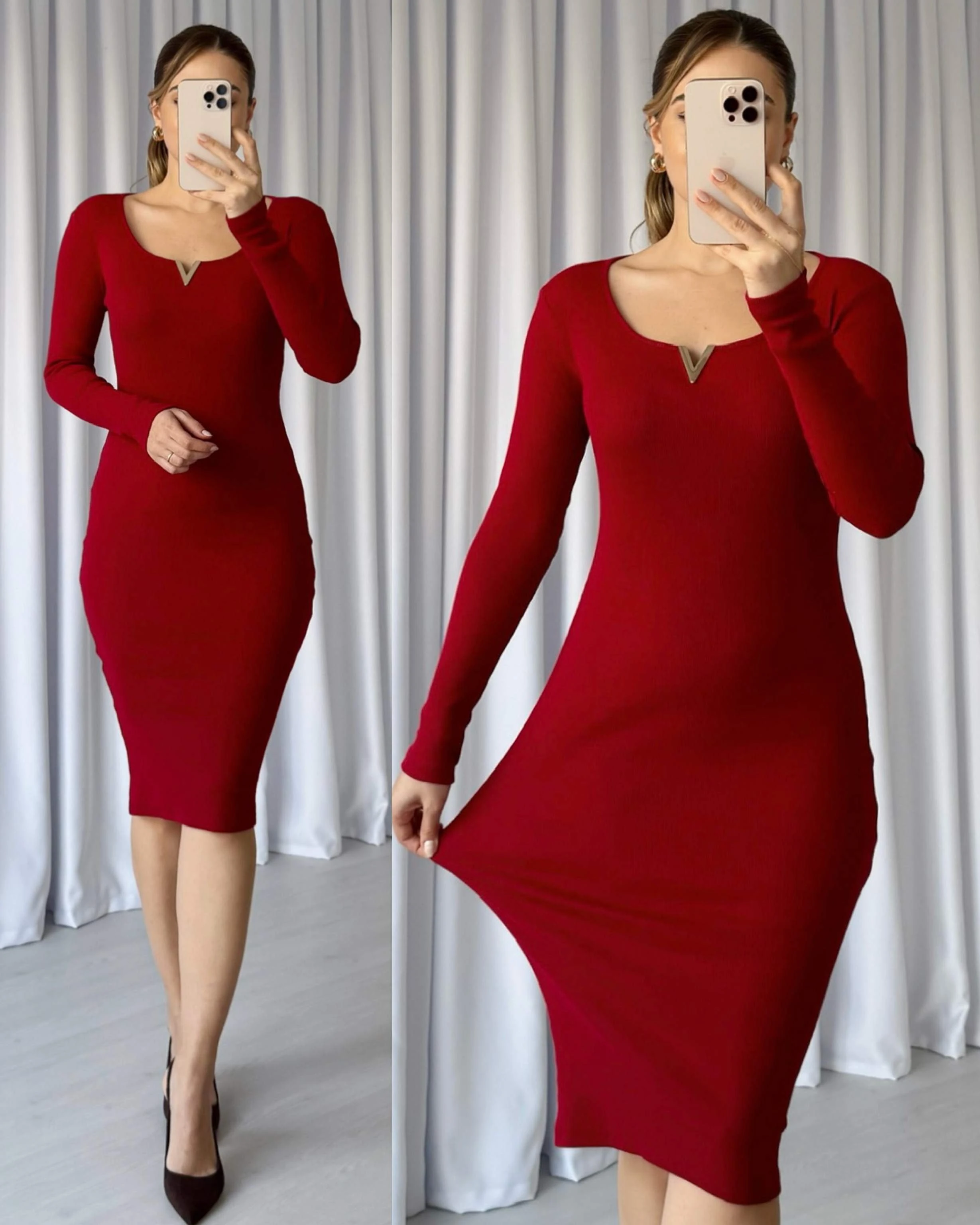 Yaka Detaylı Penye Elbise - Kırmızı