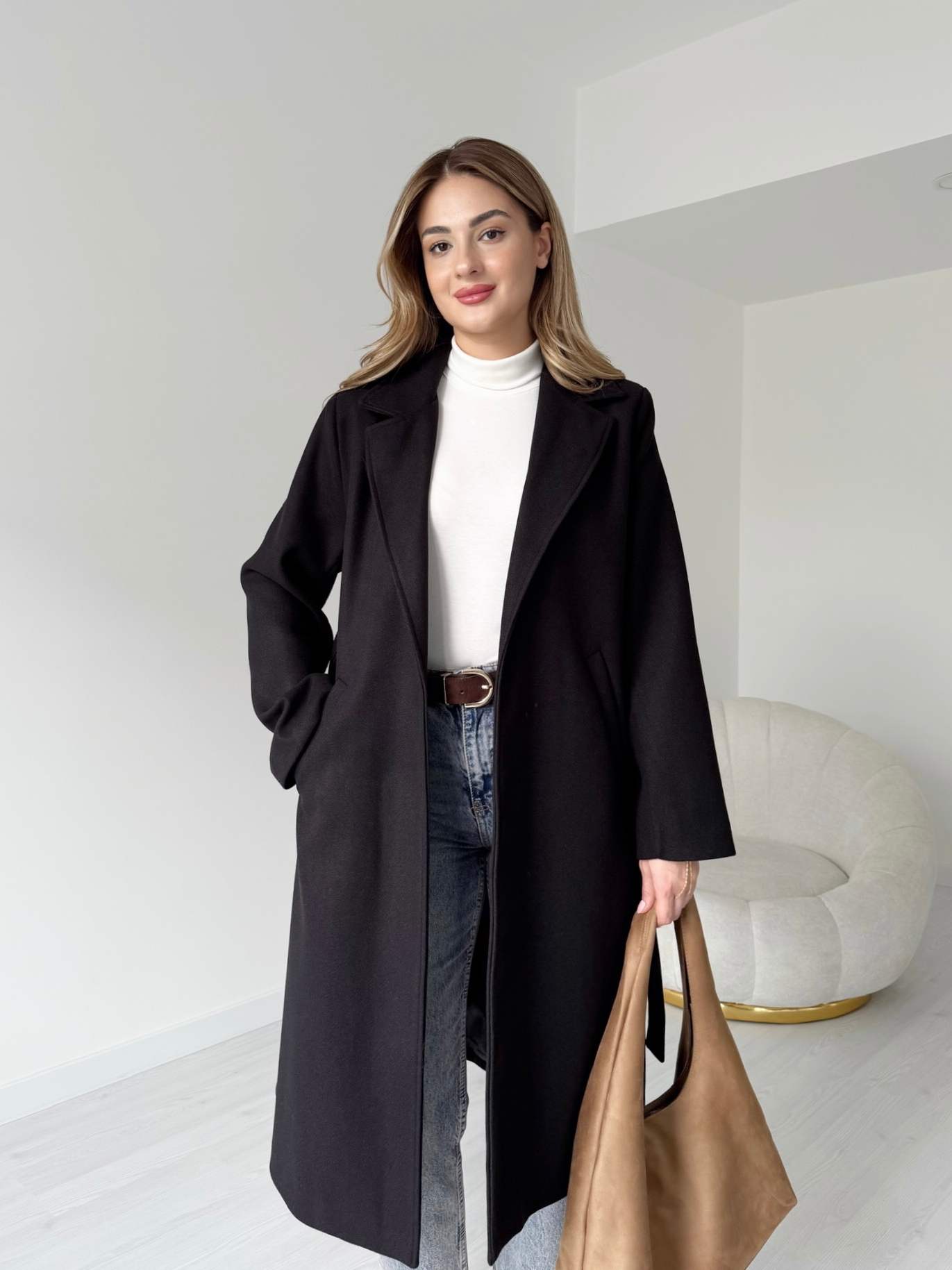 Kuşaklı Uzun Premium Kaşe Kaban