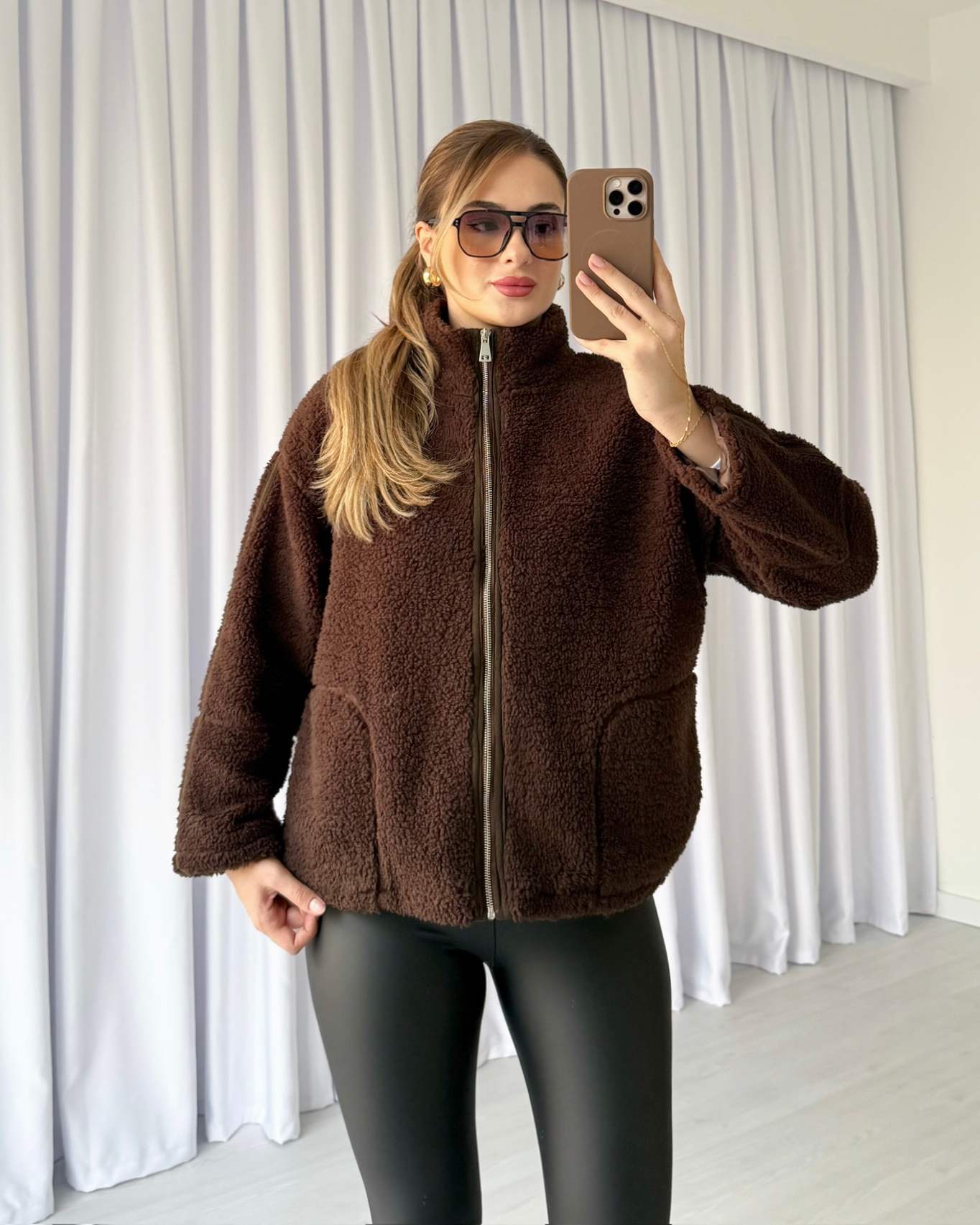 Dik Yaka Cepli Peluş Mont - Kahve