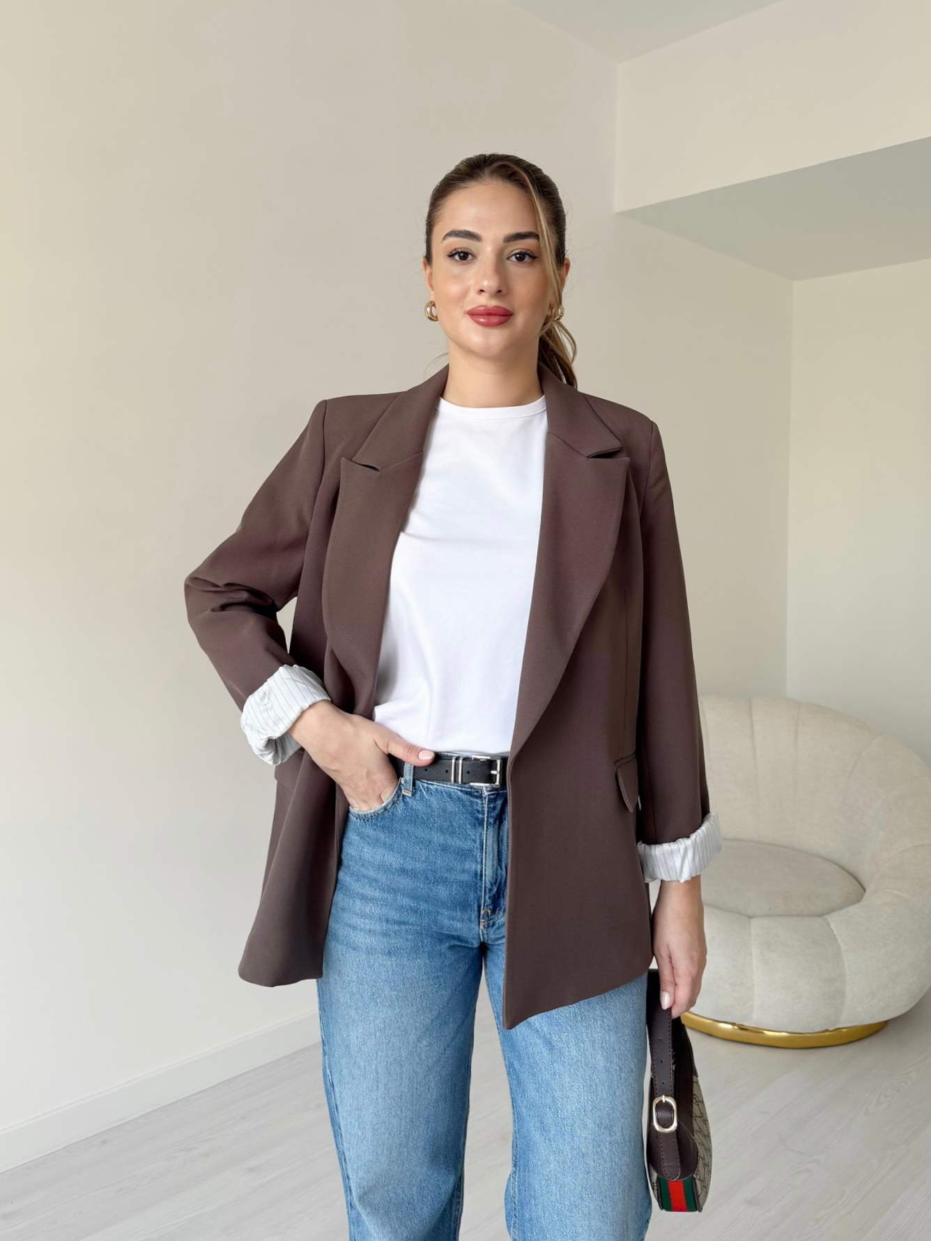 Astarı Çizgili Ceket - Kahve