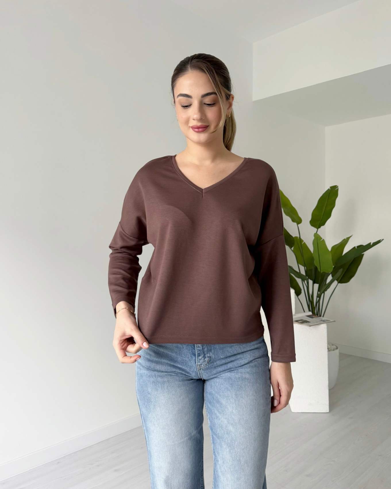 Ön Arka V Modal Bluz - Kahve