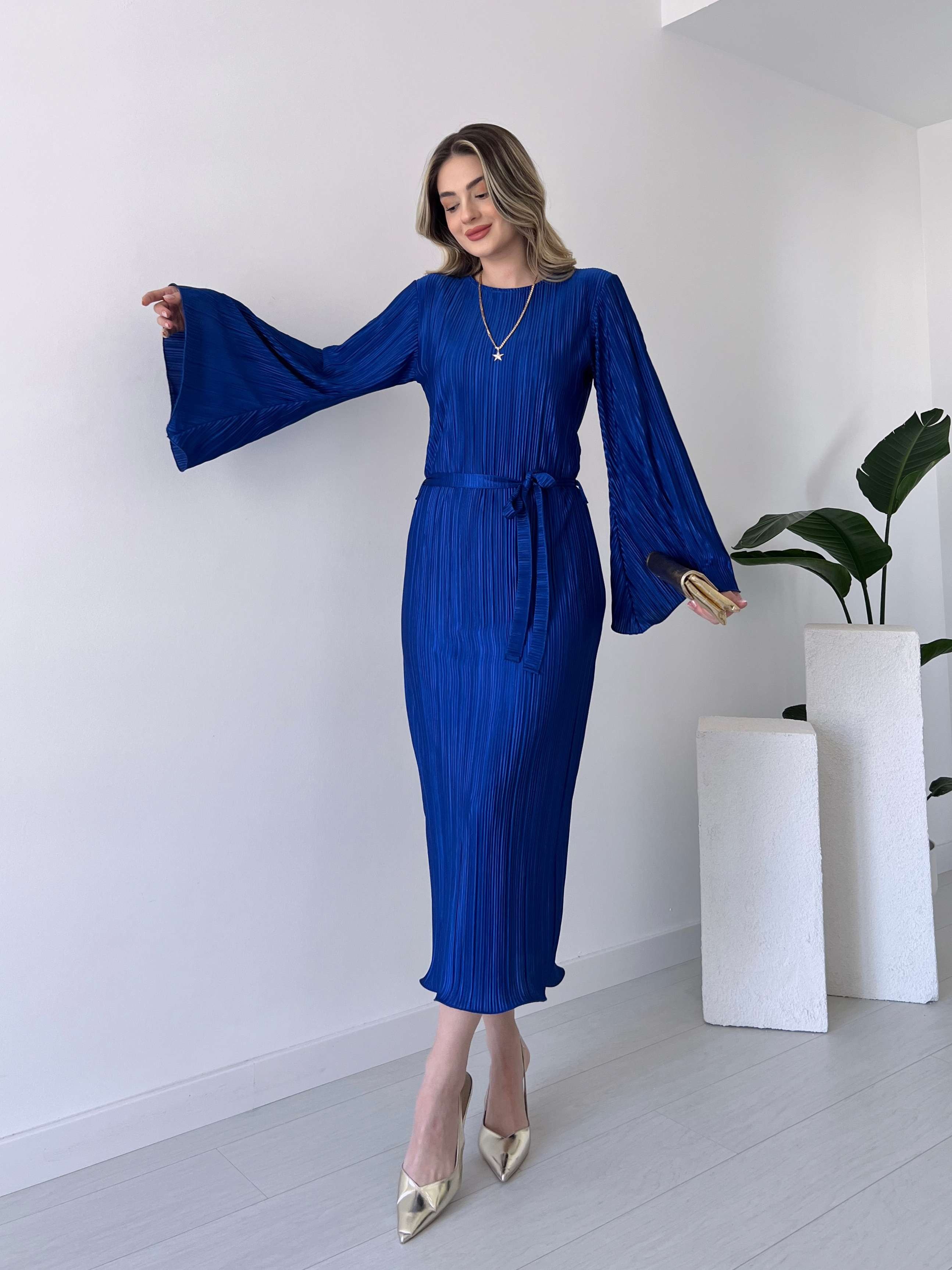 İspanyol Kol Piliseli Elbise - Mavi