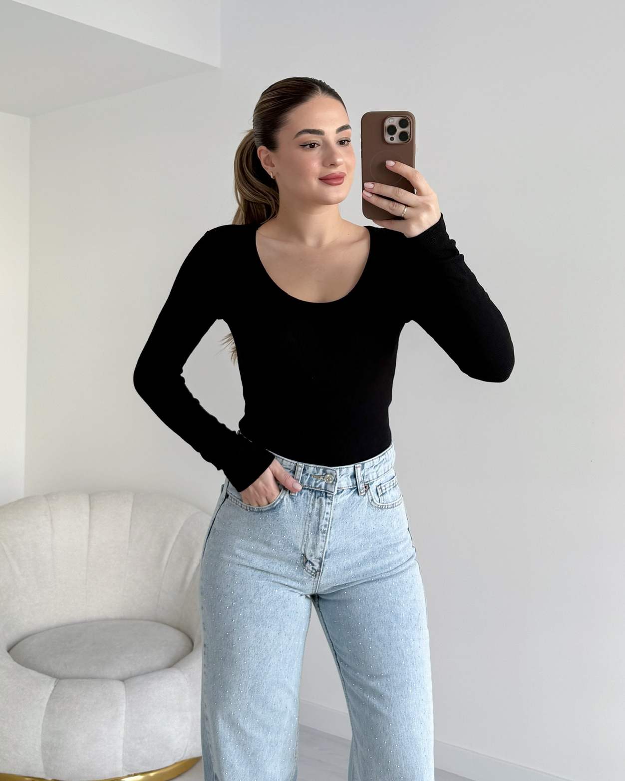 U Yaka Fitilli Bluz - Siyah