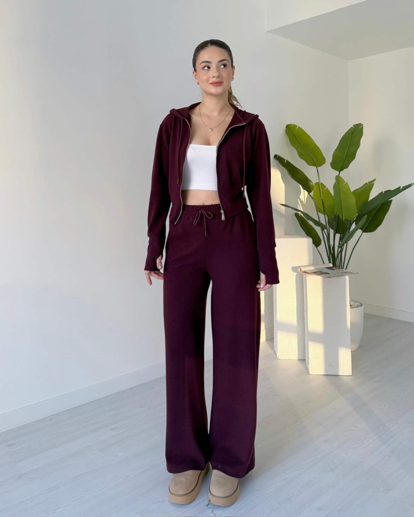 Selanik Kumaş Parmak Geçmeli İkili Takım - Bordo