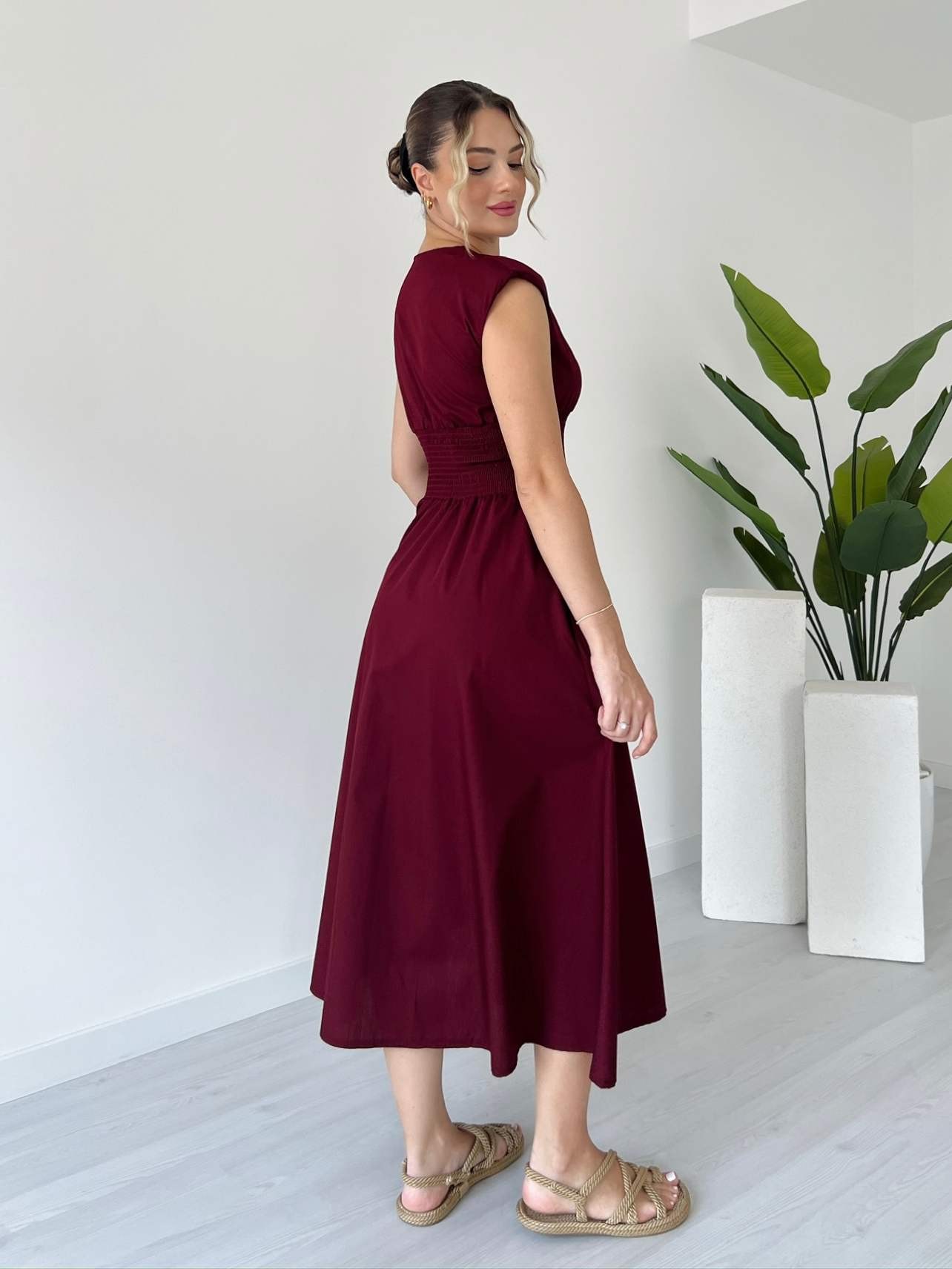 Önü Fermuarlı Midi Boy Poplin Elbise - Bordo