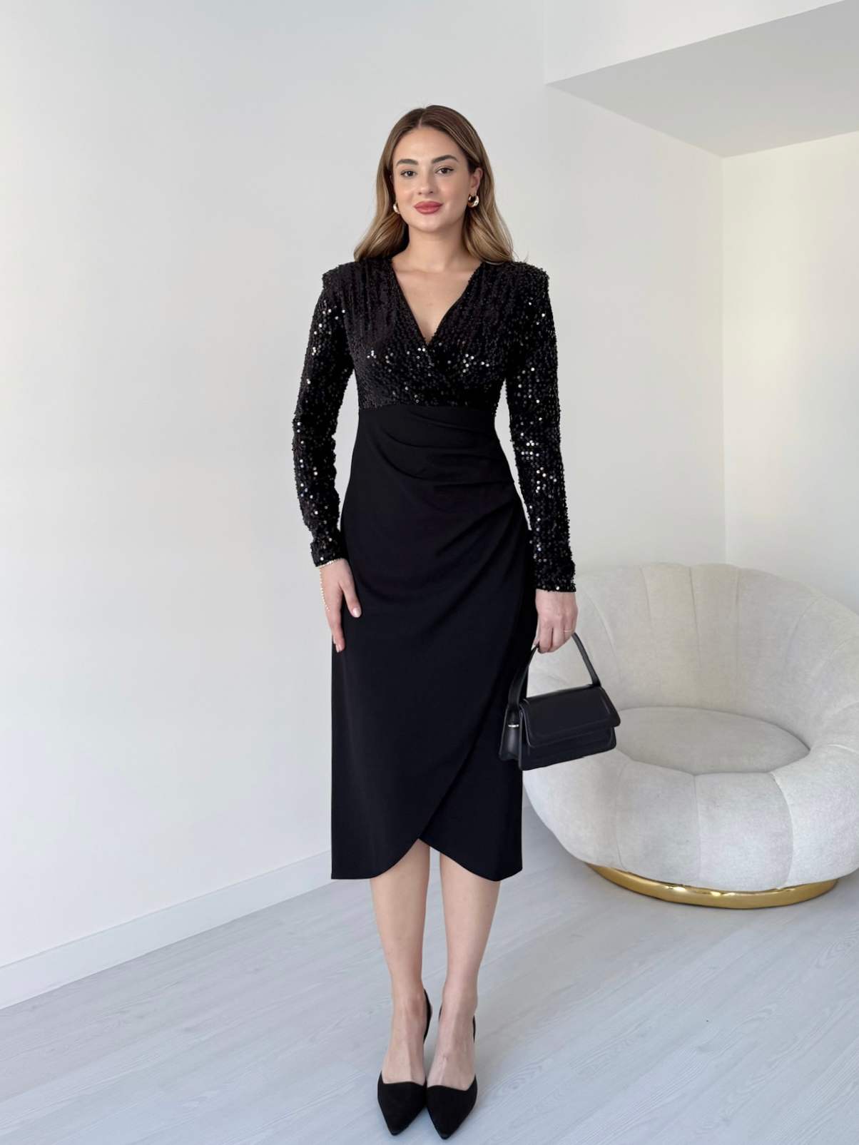 Kruvaze Yaka Midi Boy Payetli Elbise