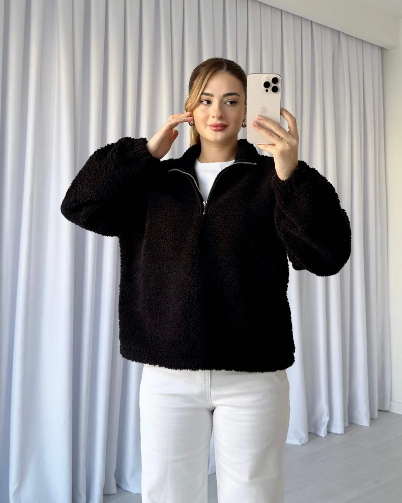 Yaka Fermuarlı Peluş Sweatshirt