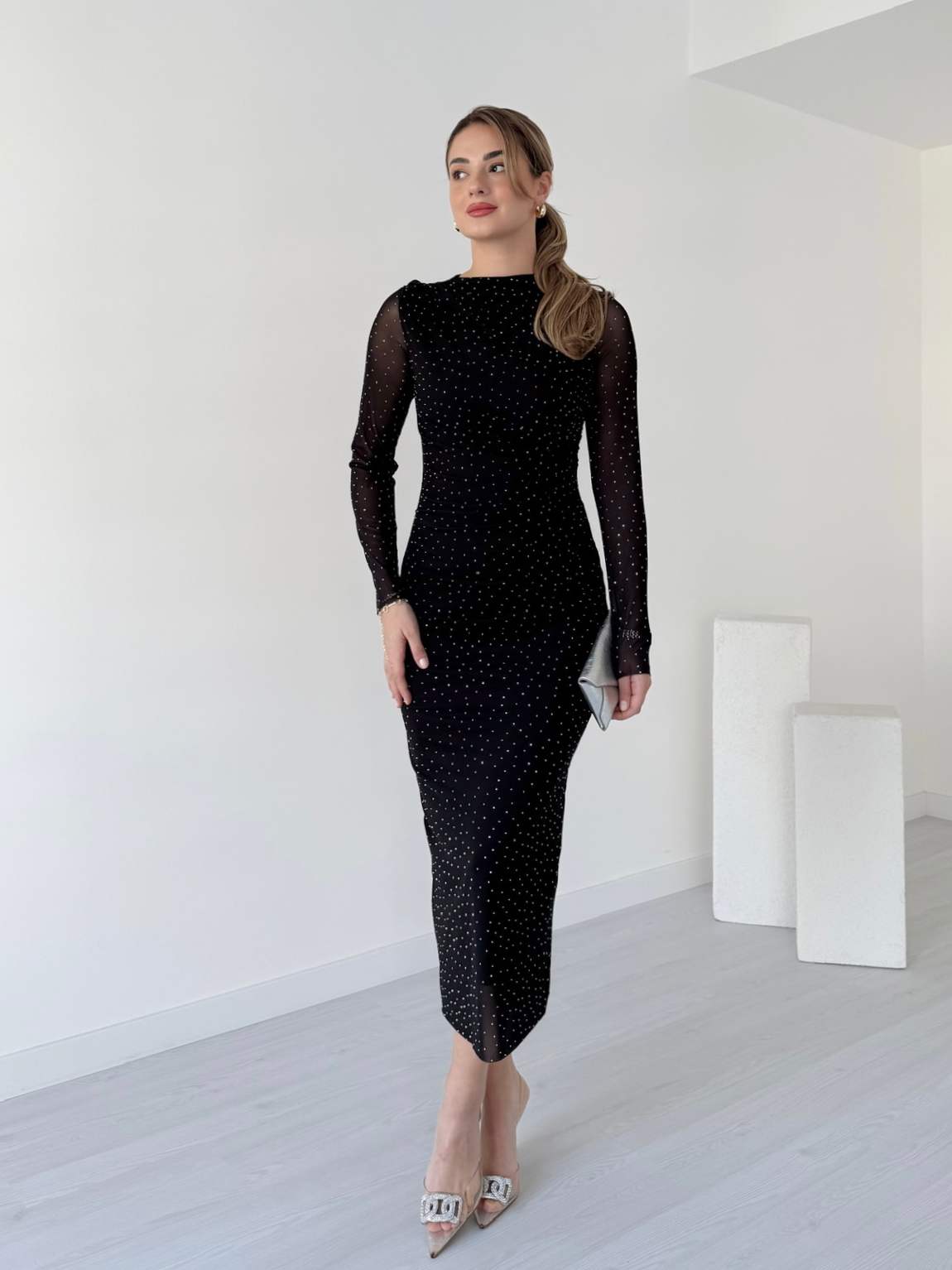 Taşlı Midi Boy Tül Elbise