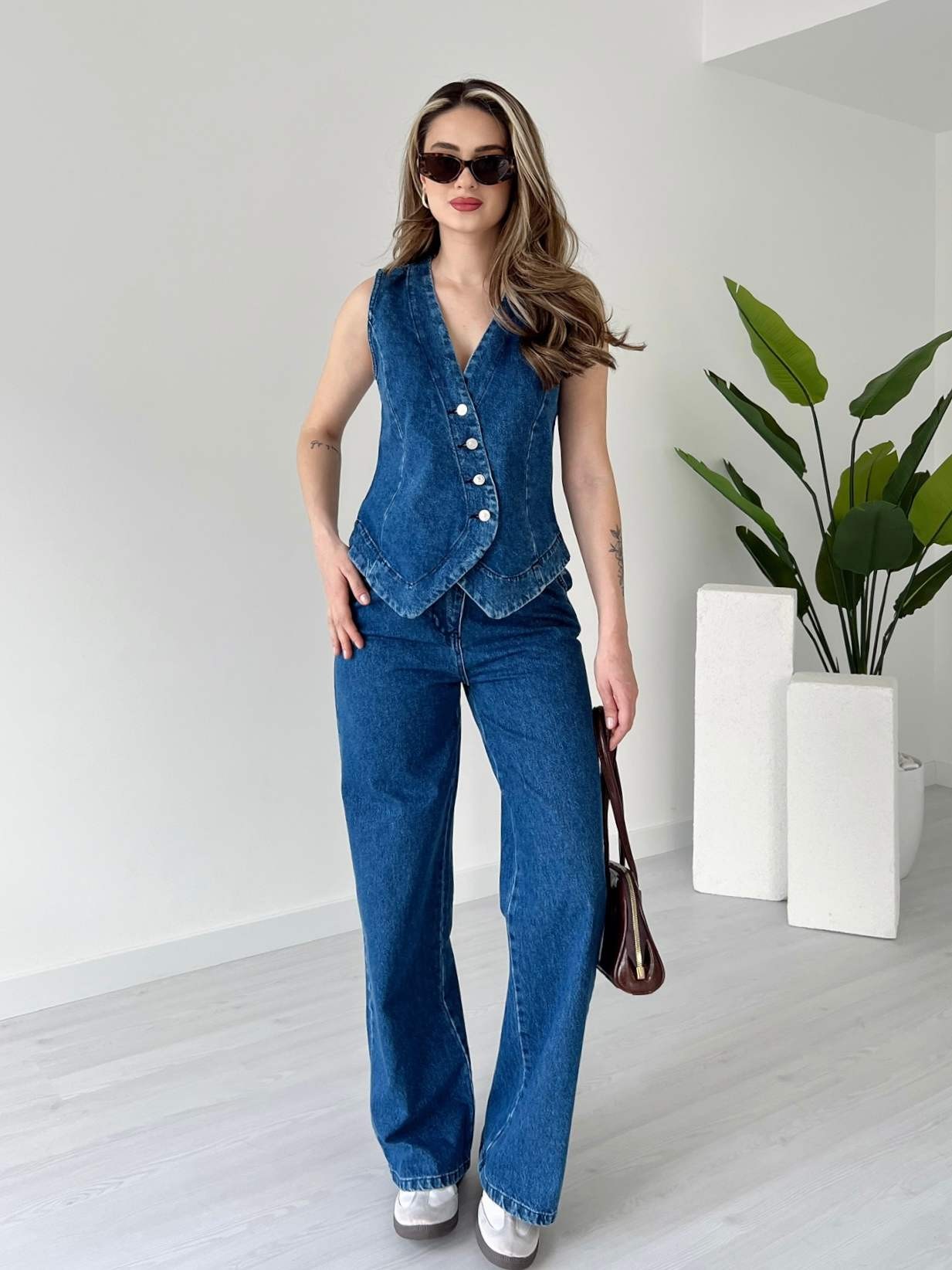 Asimetrik Yelekli Denim Takım - Mavi