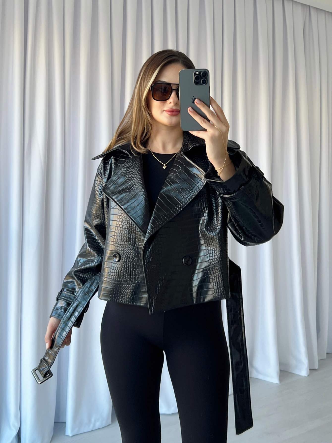 Kruvaze Yaka Krokodil Deri Ceket