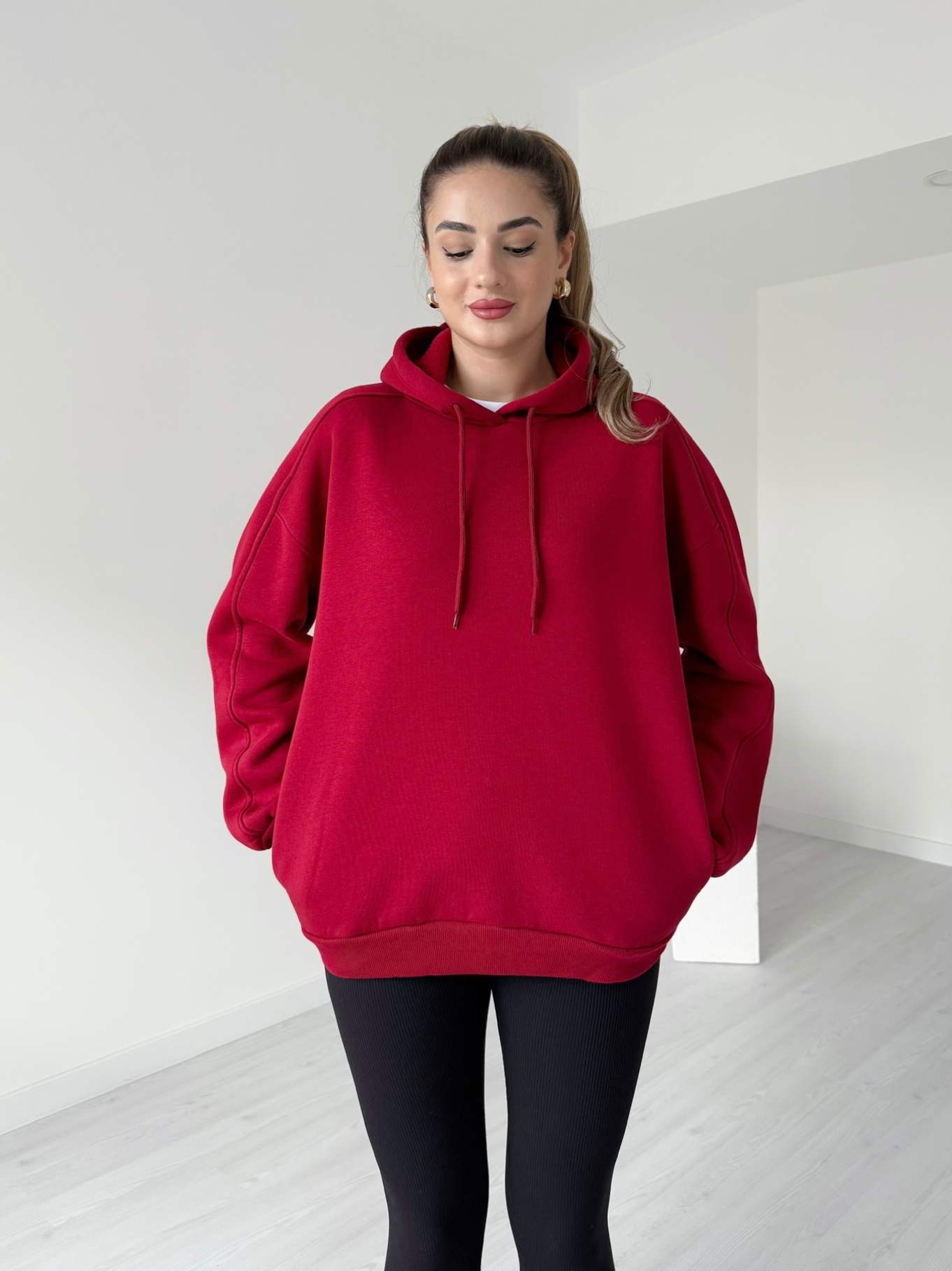Oversize Kapüşonlu Hoodie - Kırmızı