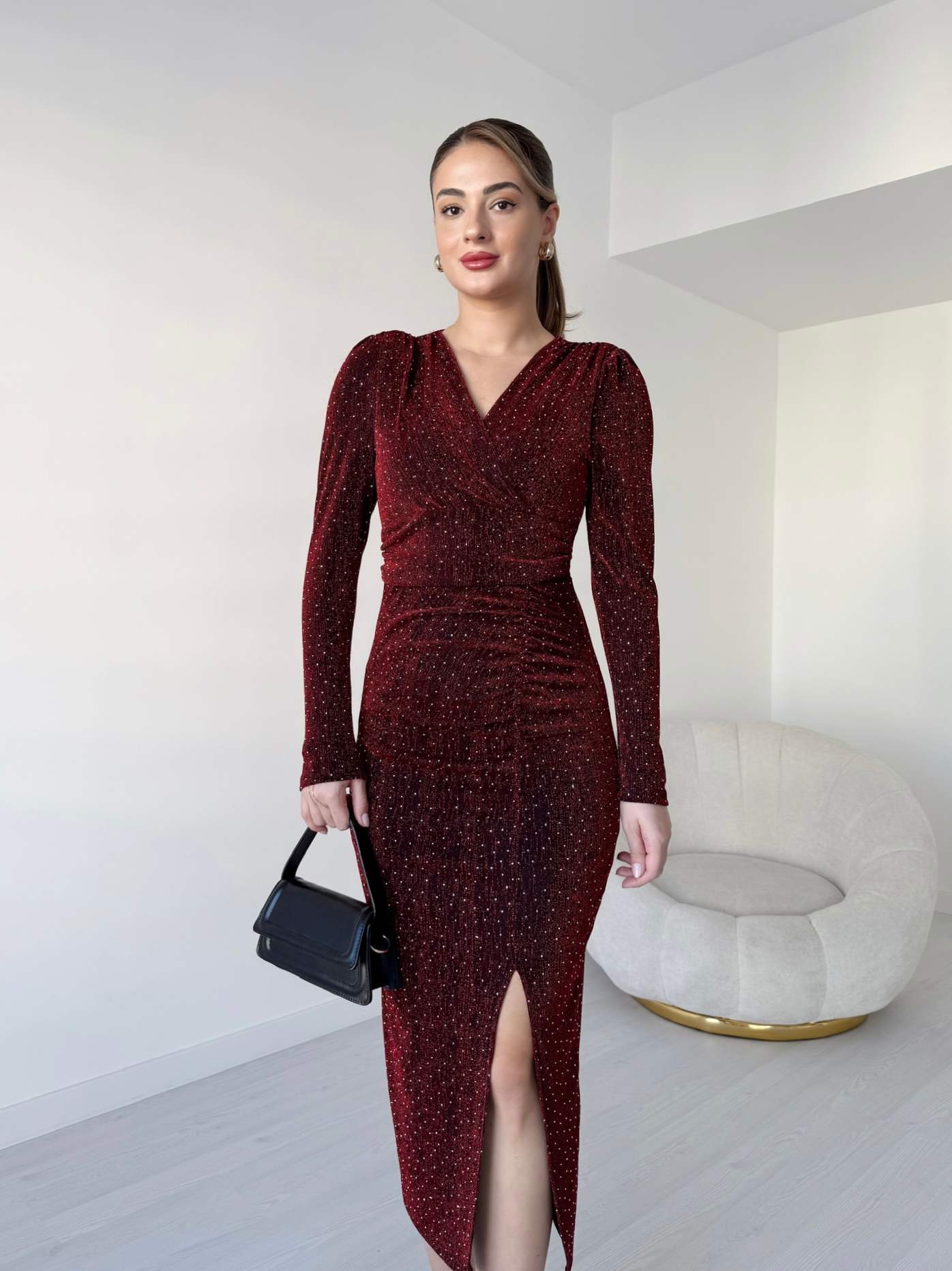 Kruvaze Yaka Taşlı Tasarım Elbise