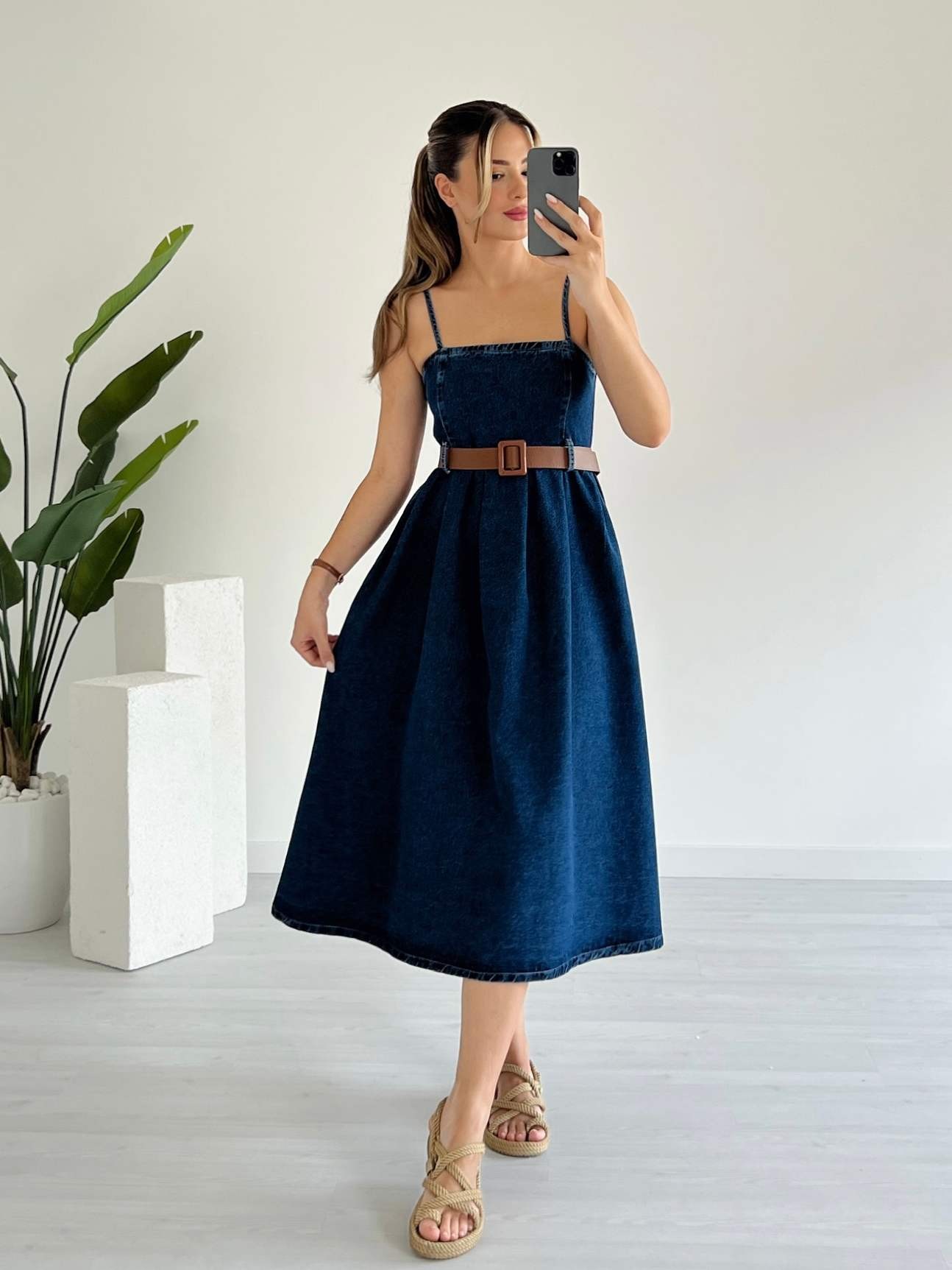 Askılı Denim Elbise - Koyu Mavi