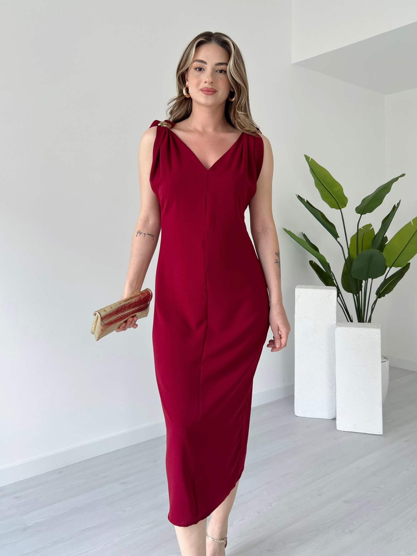 Askısı Toka Detaylı MABEL Elbise - Bordo