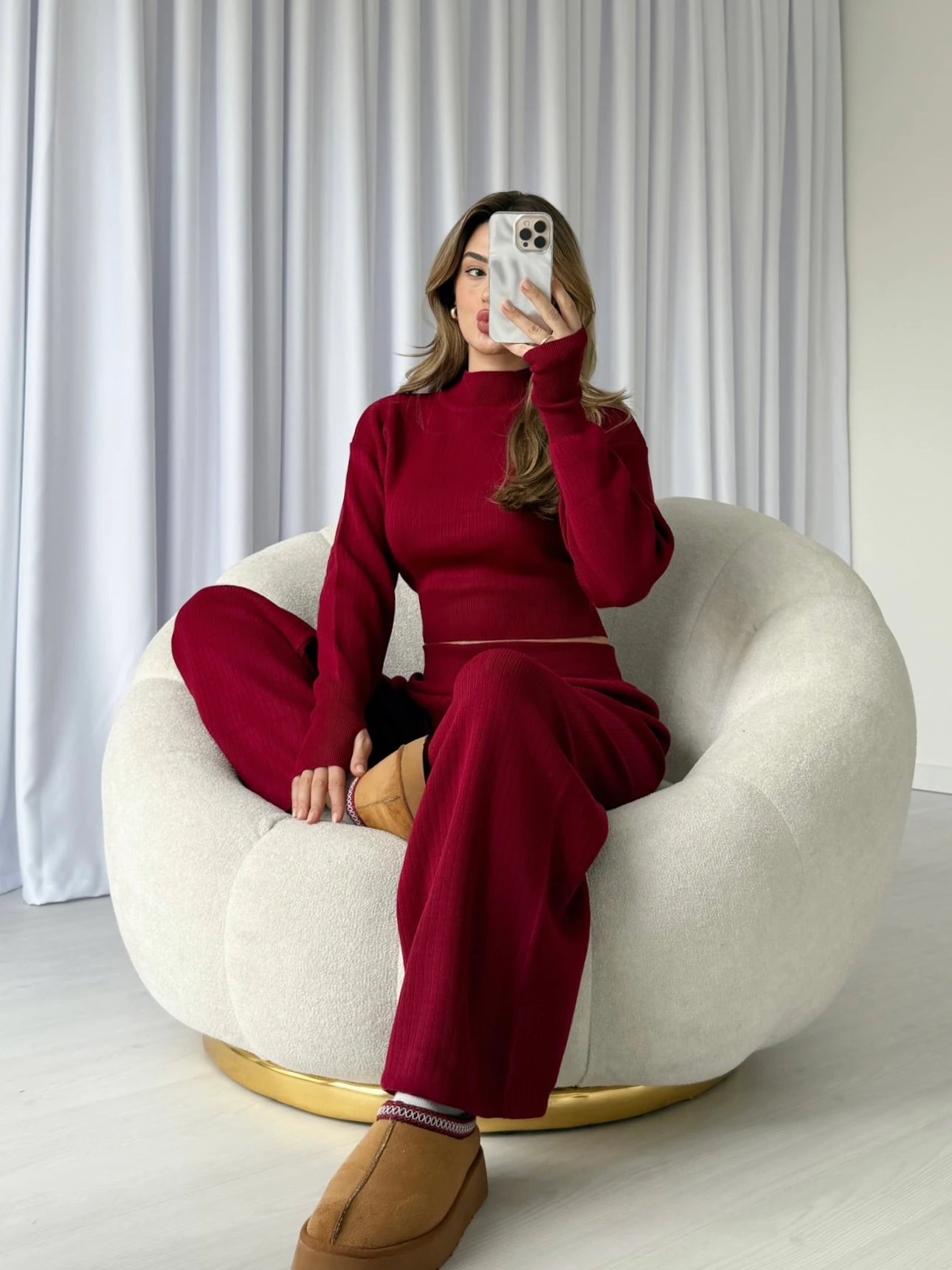 Parmak Geçirmeli Crop Triko Takım - Bordo