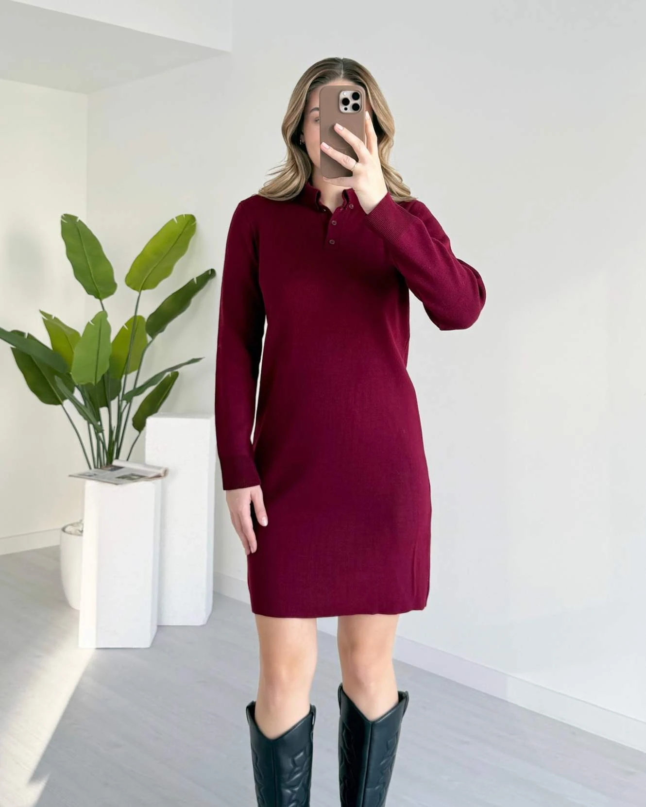 Fularlı Polo Yaka Triko Elbise - Bordo