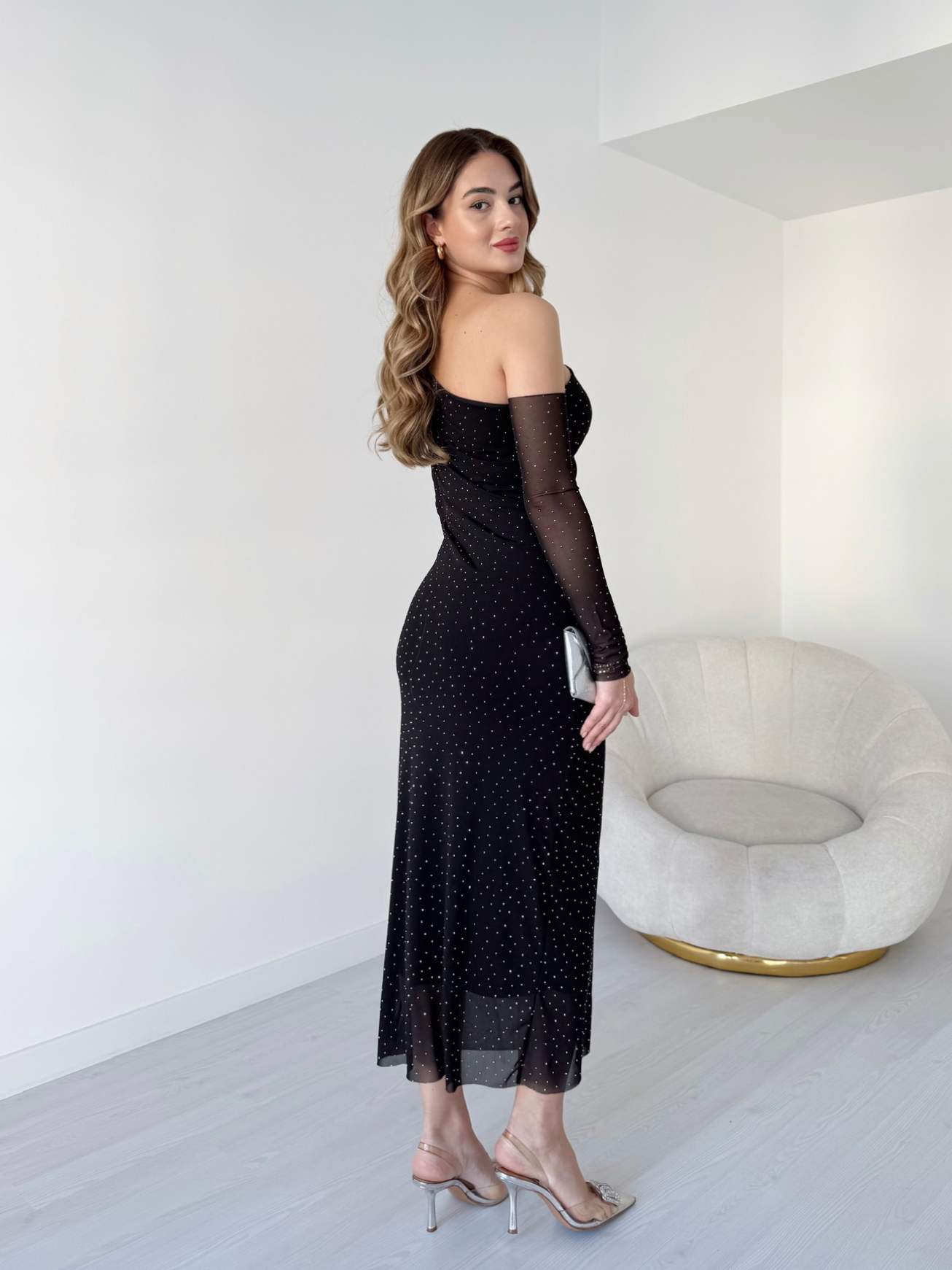 Tek Omuz Işıltılı Tül Elbise