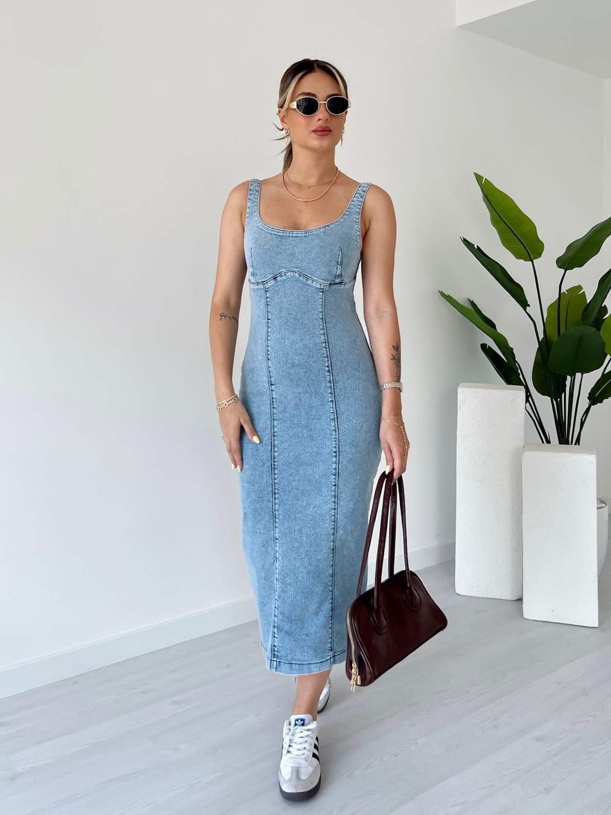 Likralı Sırt Fermuarlı Denim Elbise