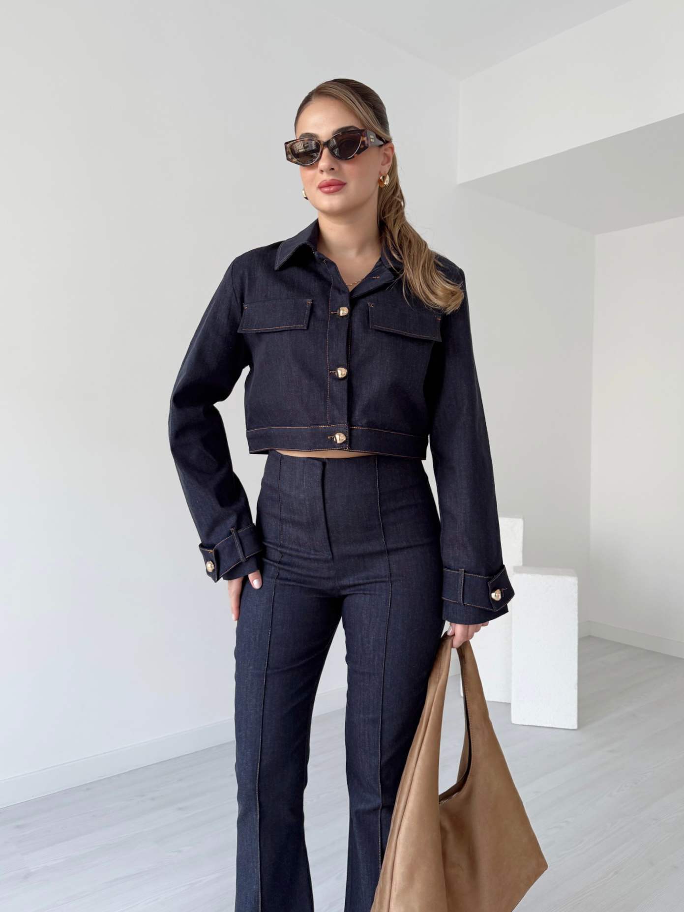 Gold Düğmeli Denim Ceket Takım