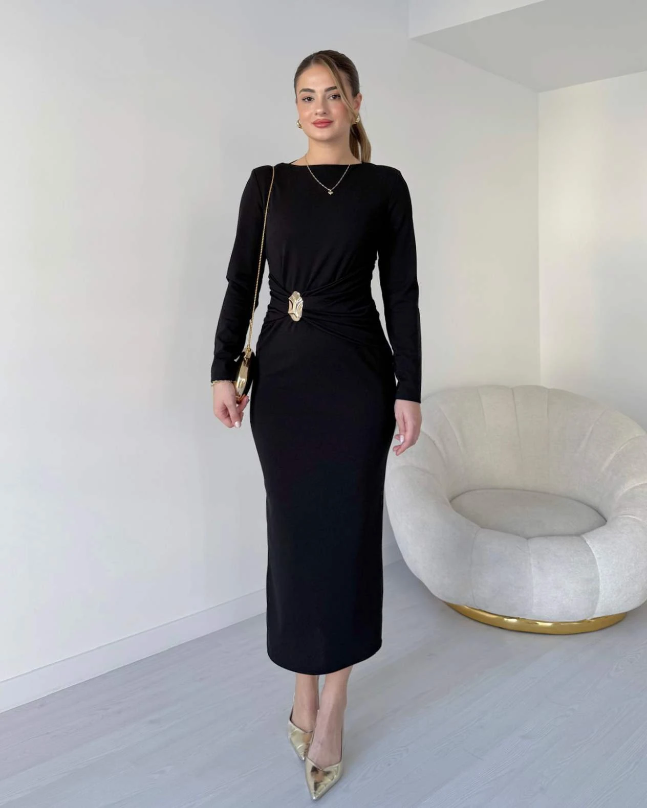 Bel Detaylı Midi Boy VICTOR Elbise