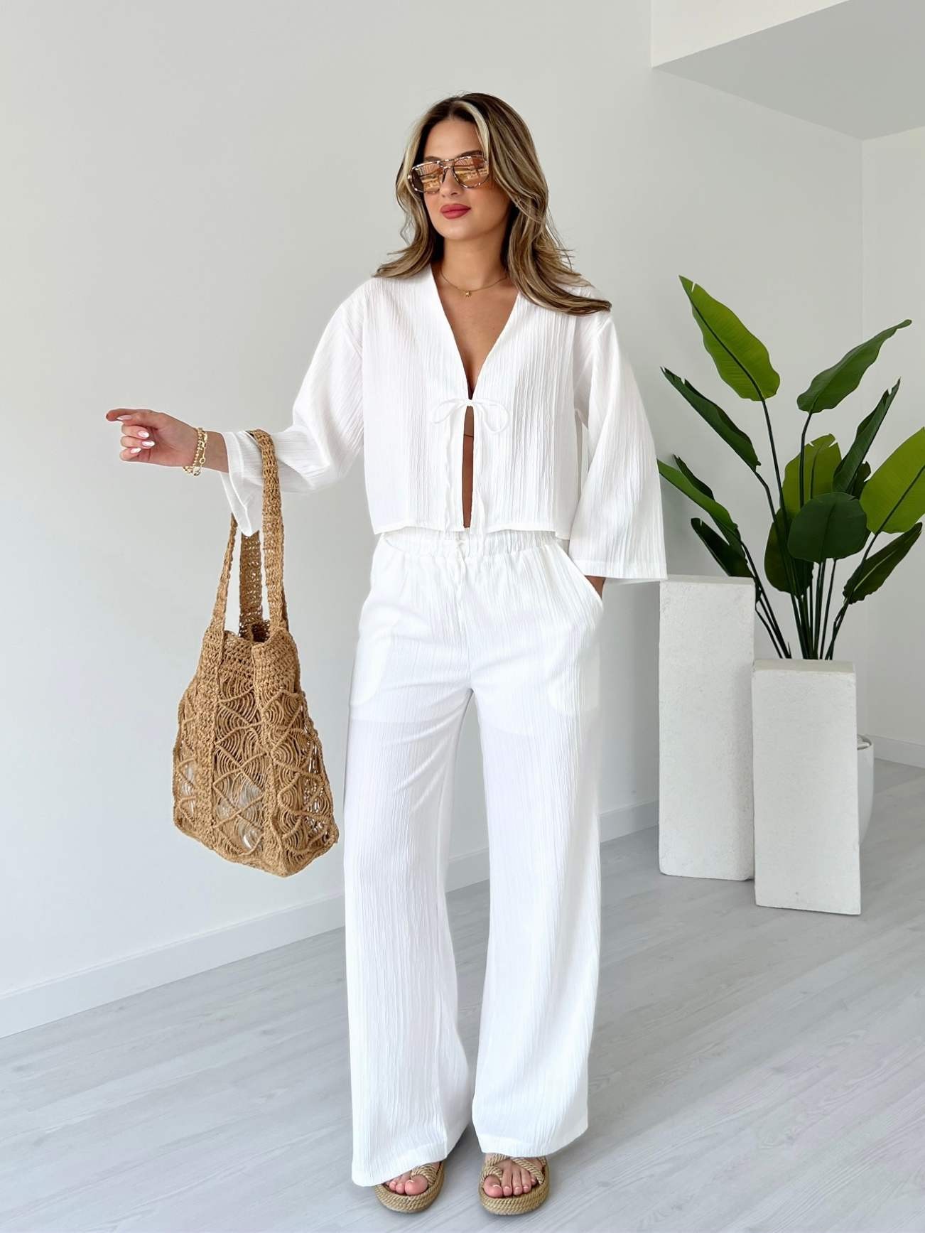Bağcıklı Bluz Pantolon Takım - Beyaz