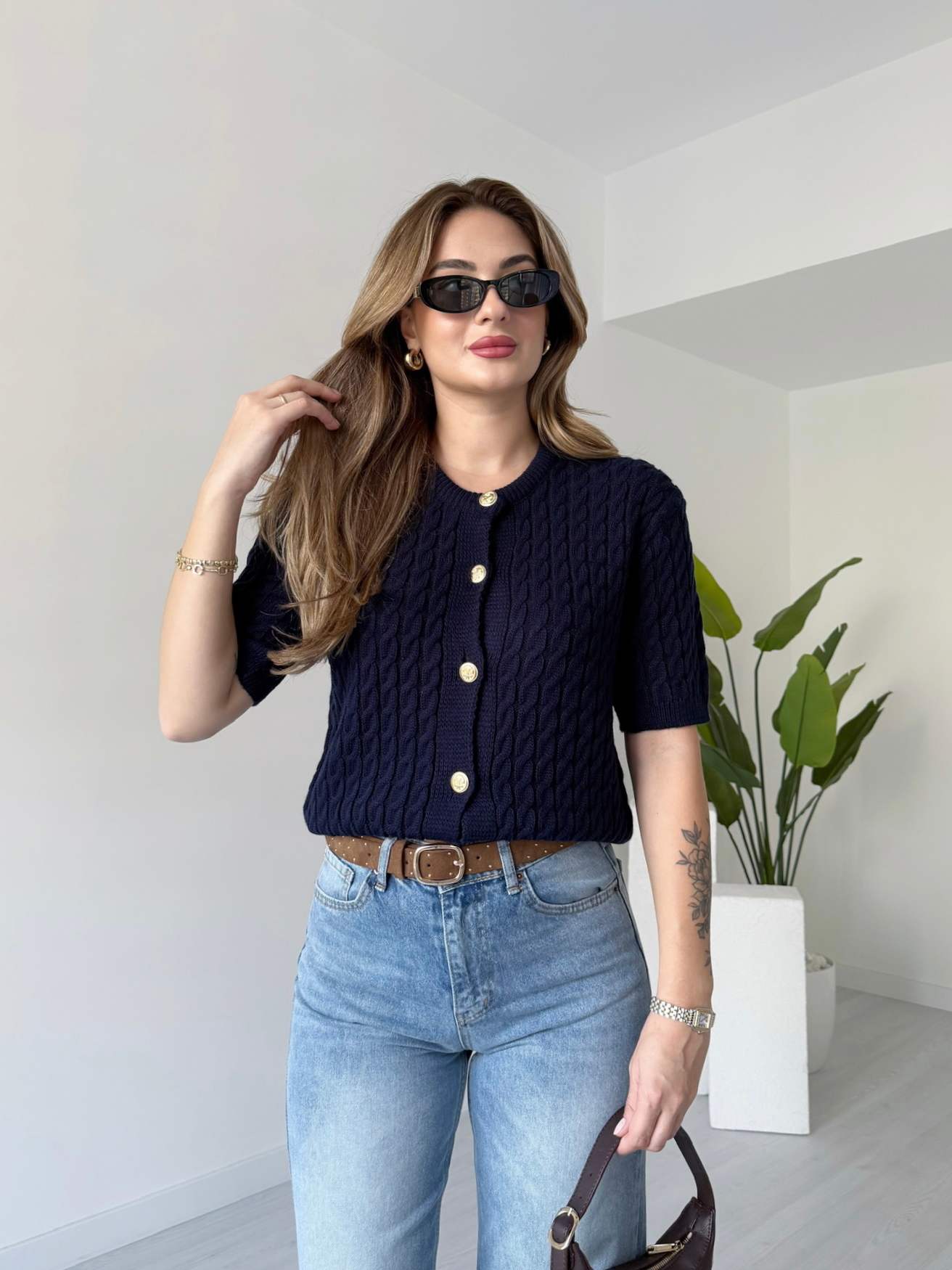 Gold Düğmeli Saçörgü Kazak - Lacivert