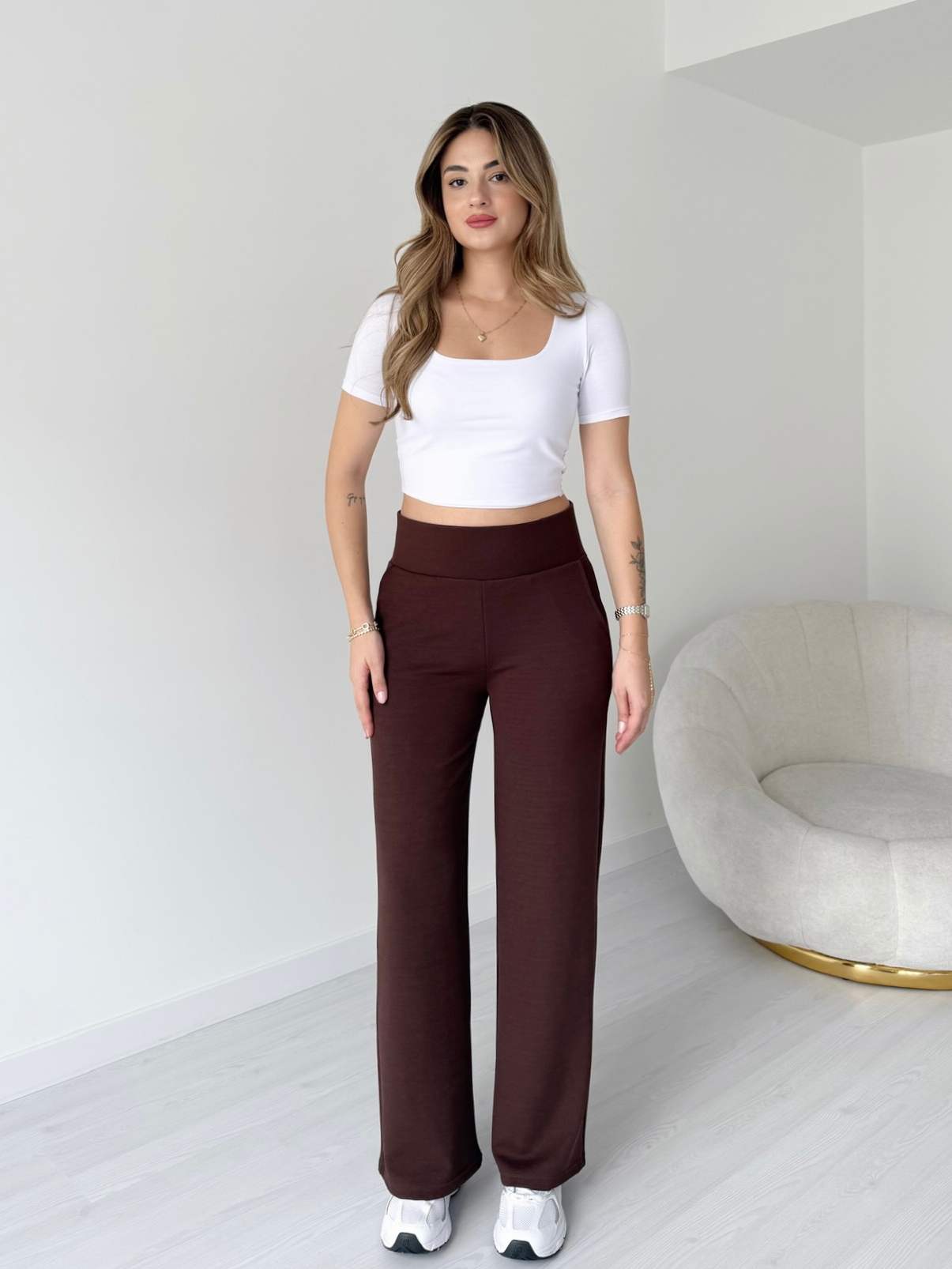 Korse Detaylı Likralı Palazzo Pantolon - Kahve