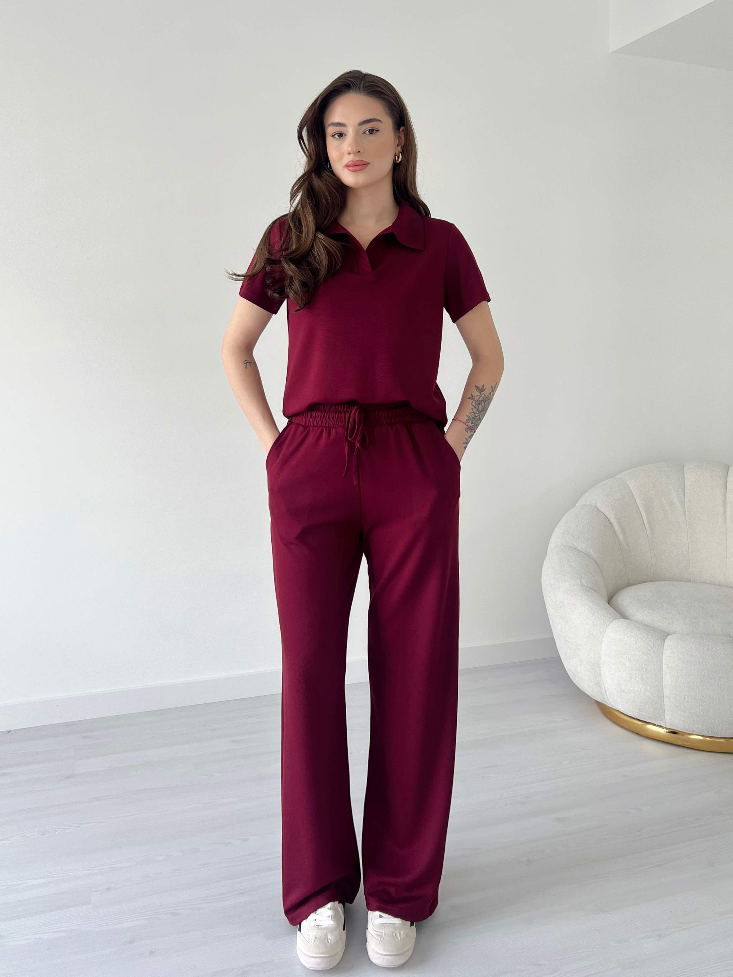 Modal Kumaş Polo Yaka İkili Takım - Bordo