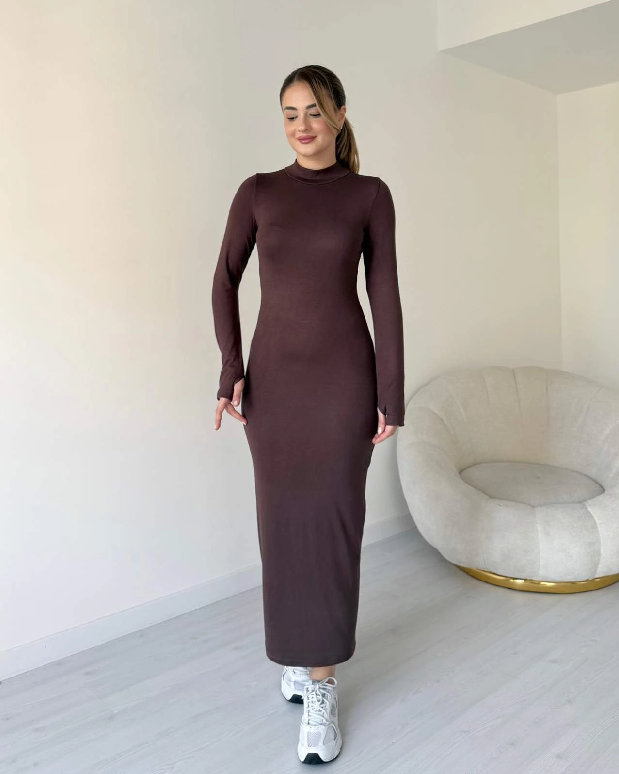 Parmak Geçirmeli Uzun Basic Elbise