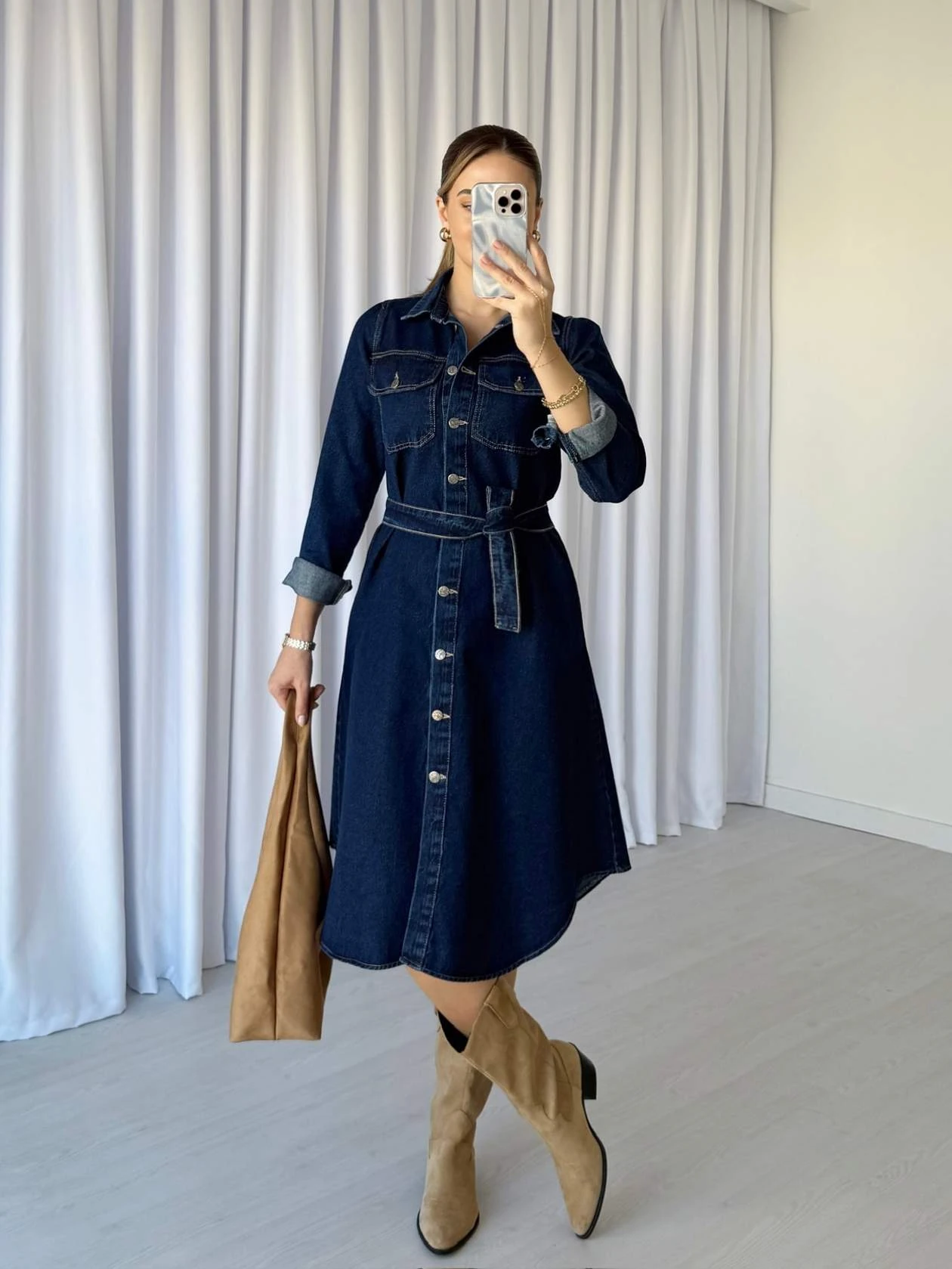 Uzun Kollu Kuşaklı Denim Elbise