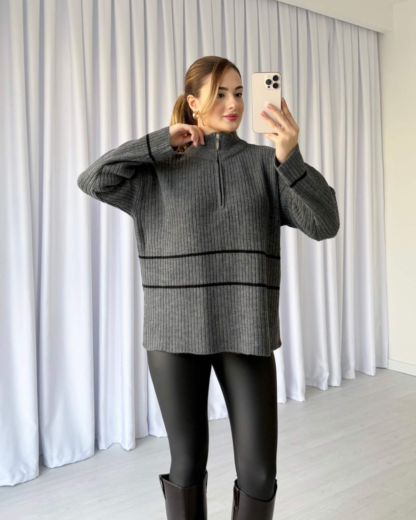 Yaka Fermuarlı Çizgili Kazak - Antrasit