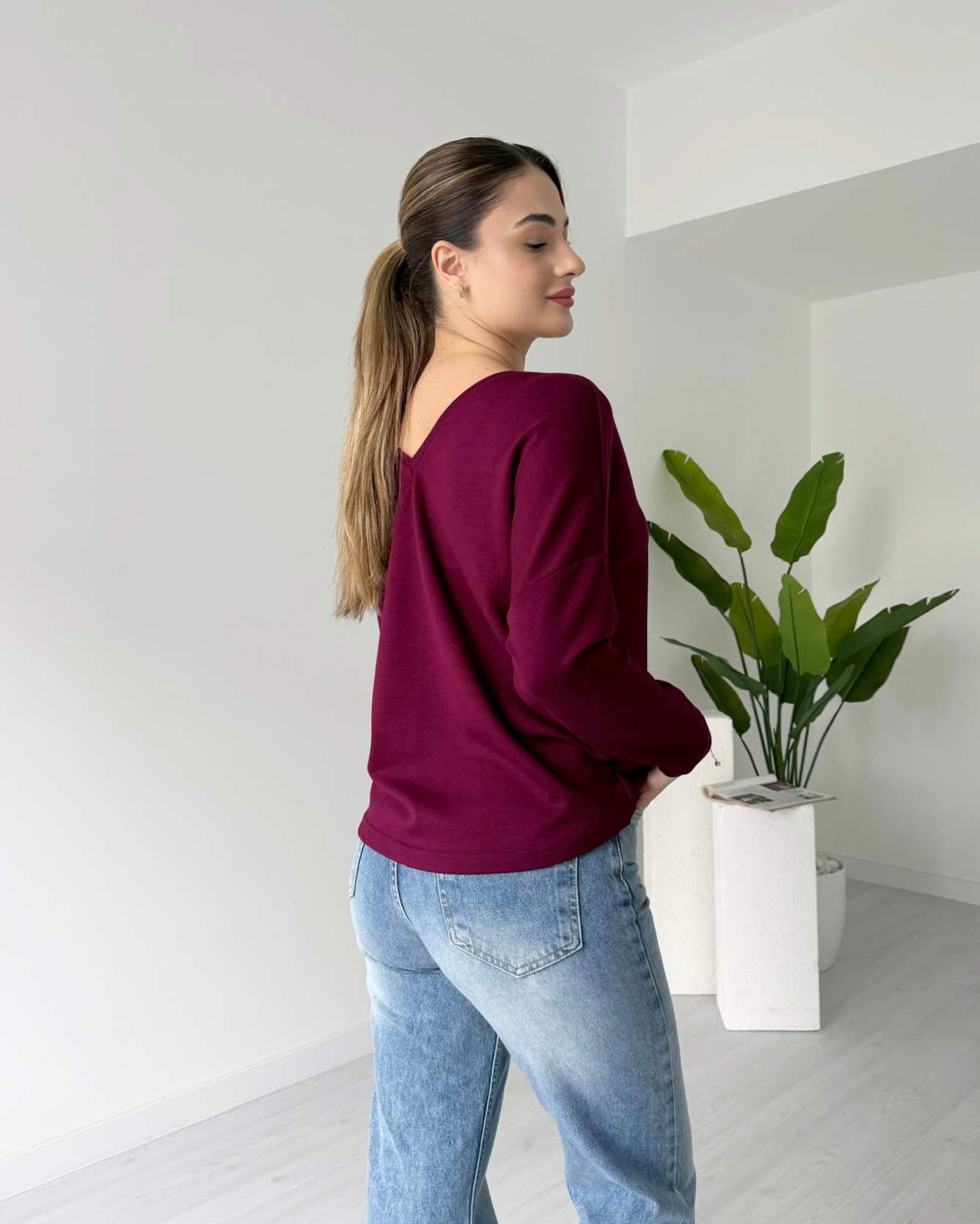 Ön Arka V Modal Bluz - Bordo
