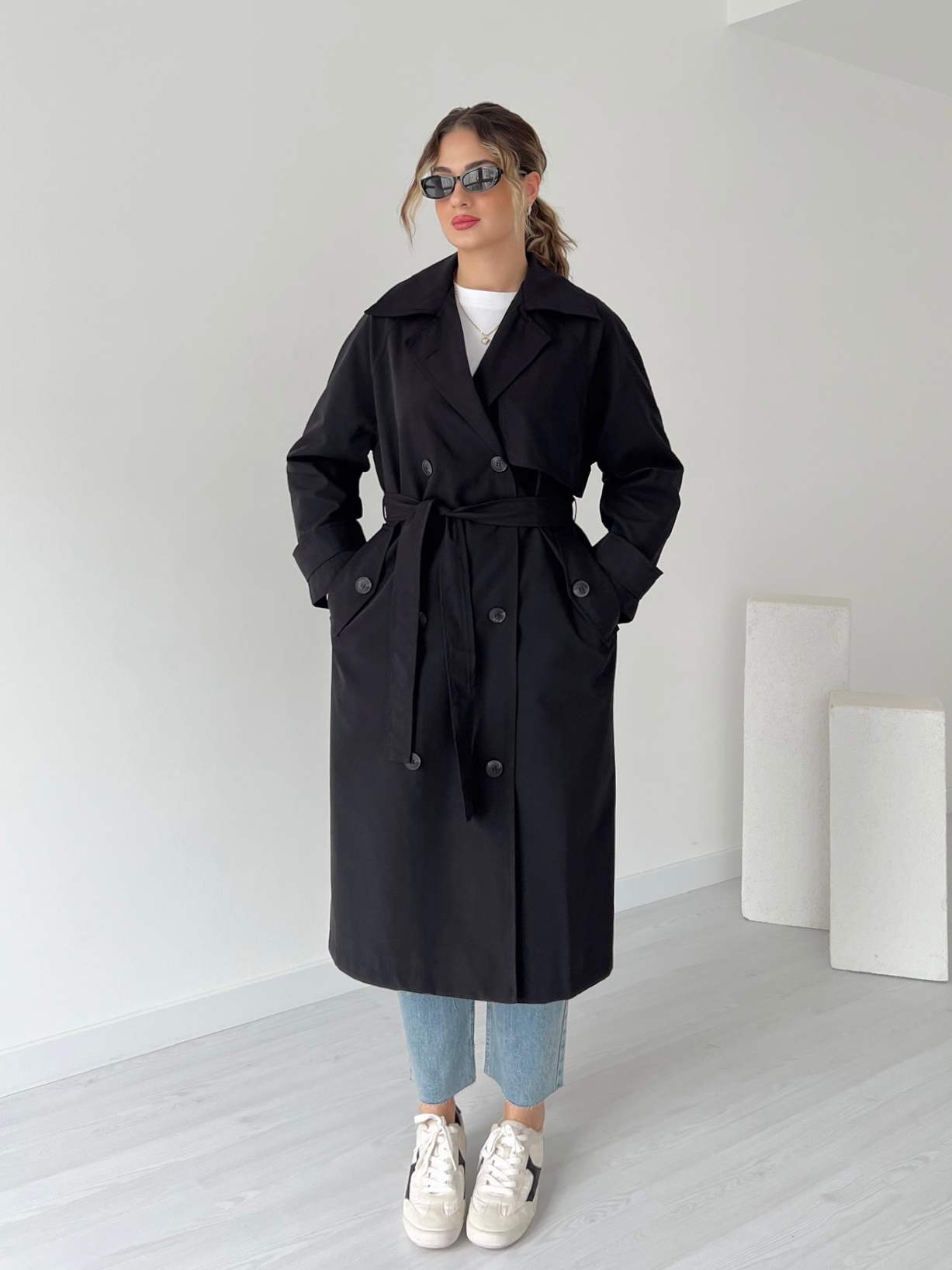 Oversize Astarlı Uzun Trençkot