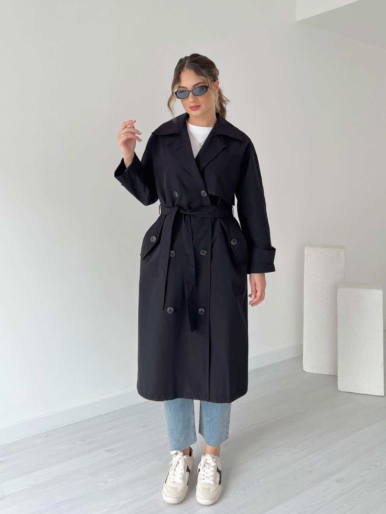 Oversize Astarlı Uzun Trençkot