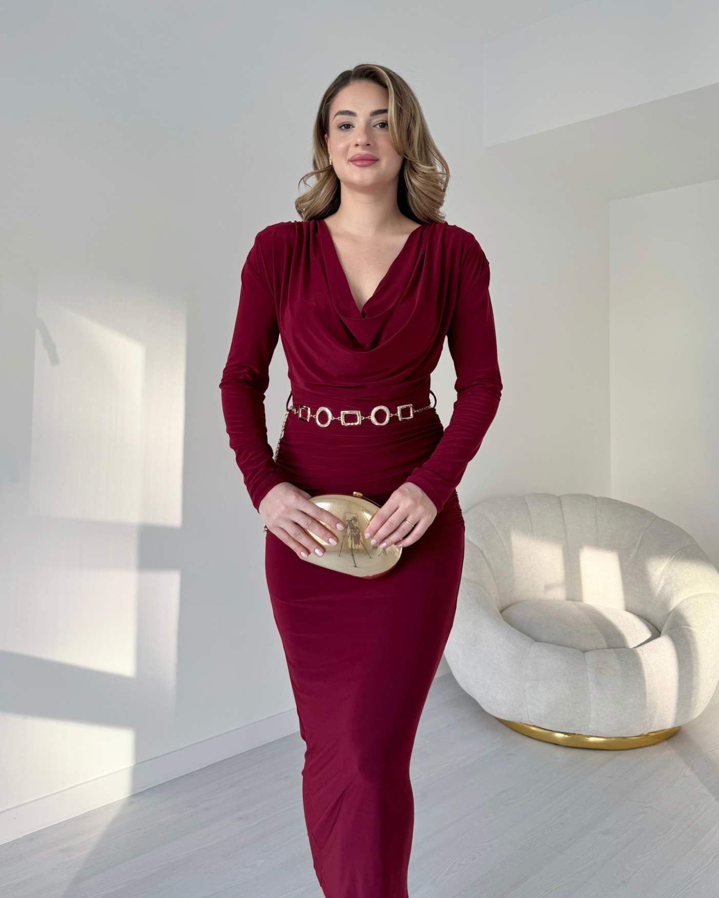 Degaje Yaka Metal Kemerli Elbise - Bordo