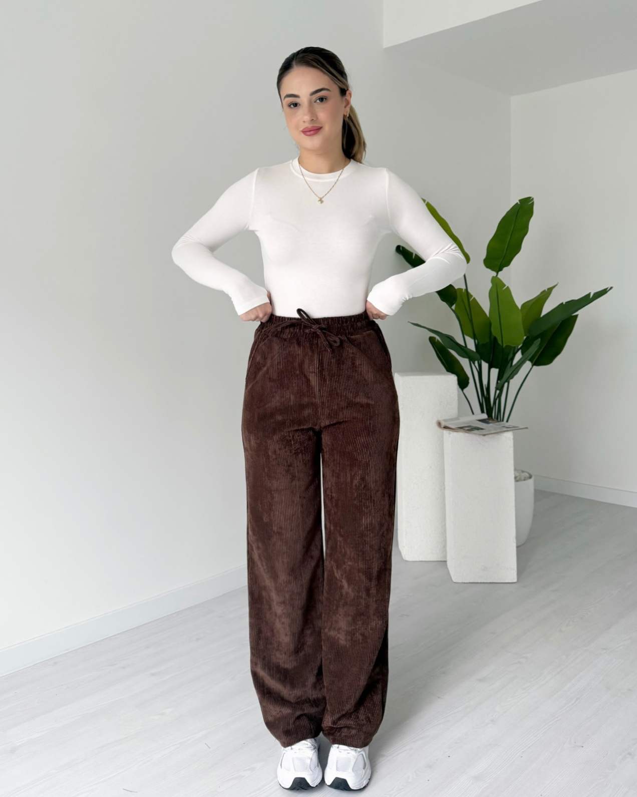 Fitilli Palazzo Kadife Pantolon - Kahve