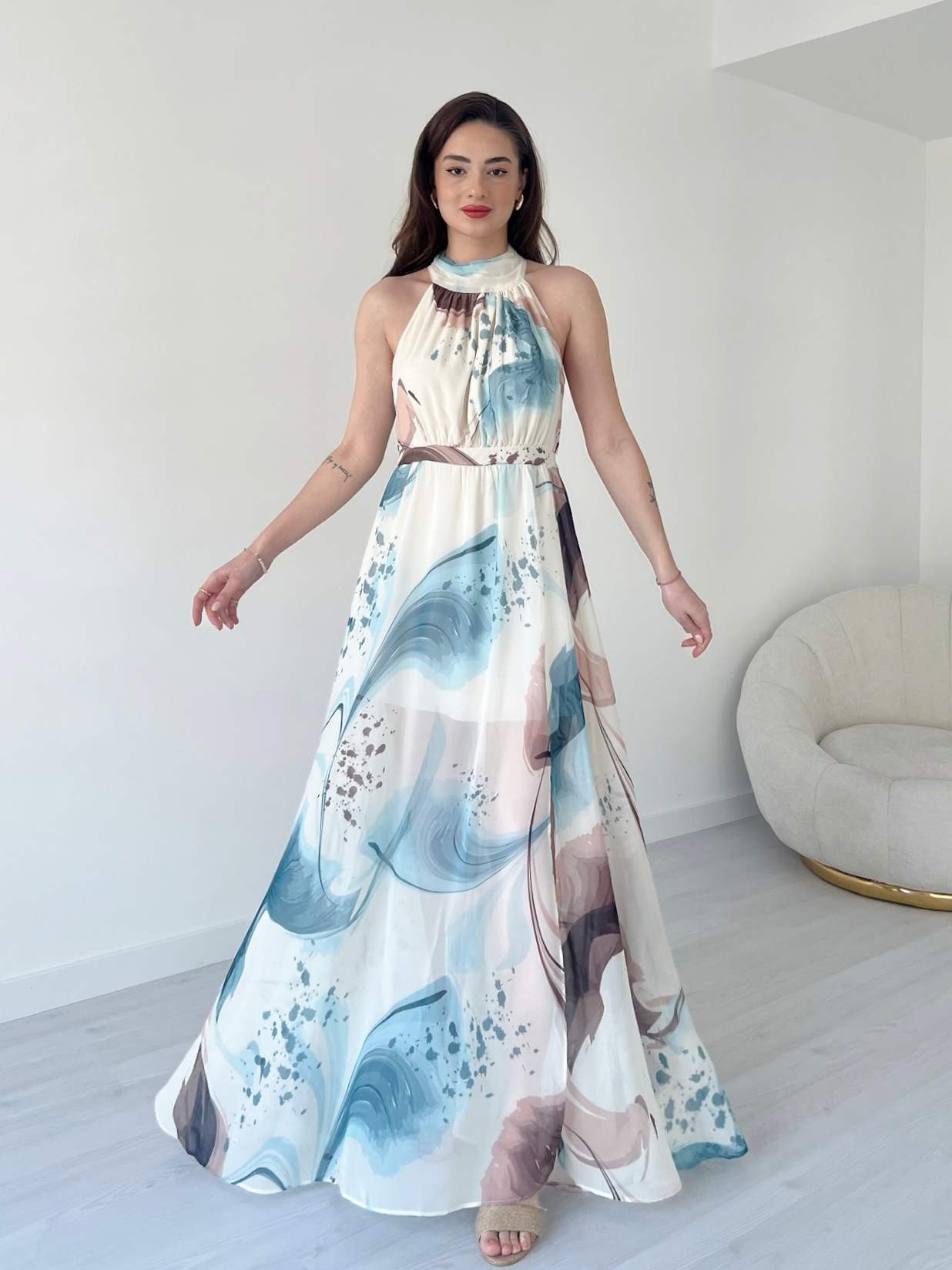 Halter Yaka Desenli ISABELLE Elbise