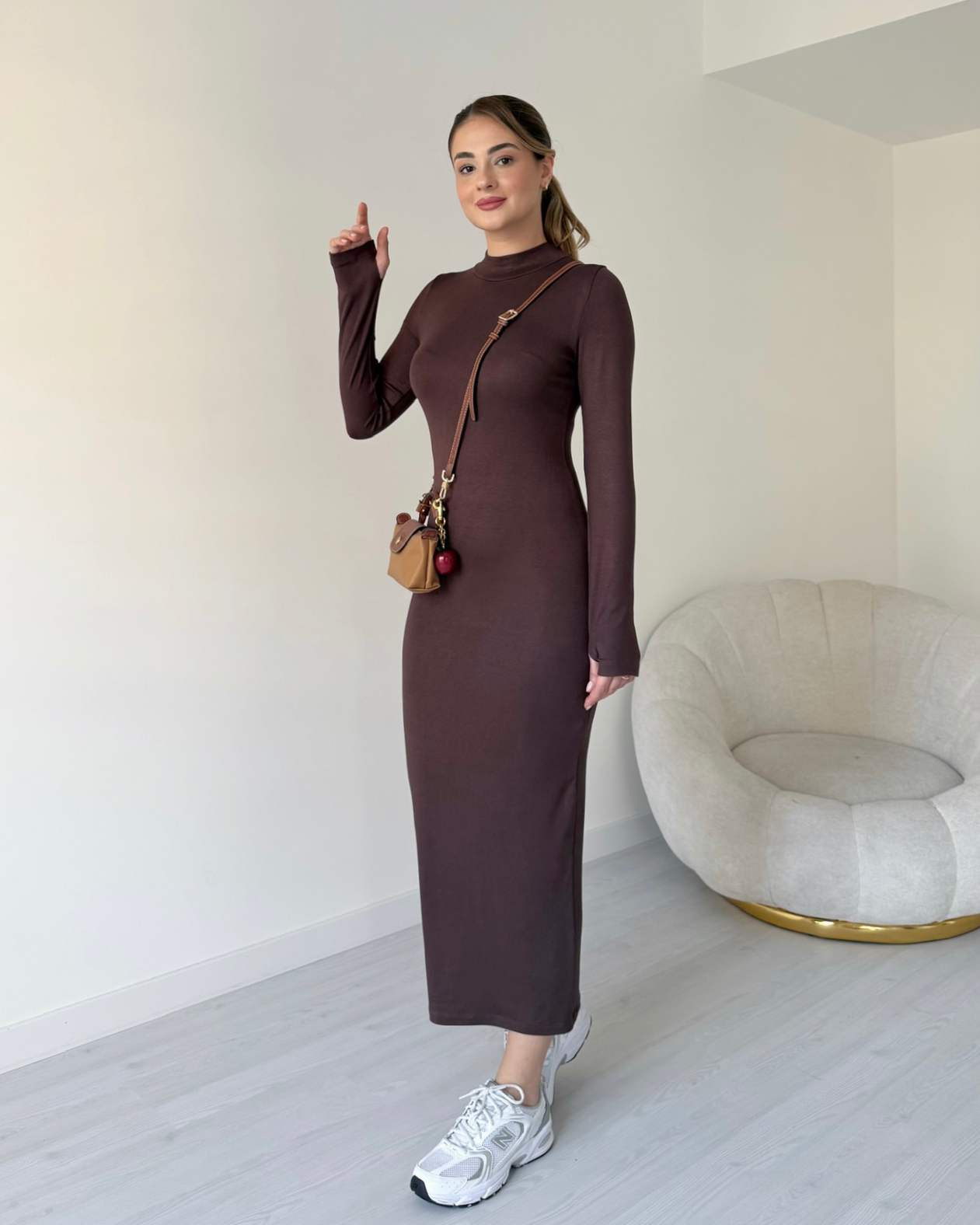 Parmak Geçirmeli Uzun Basic Elbise