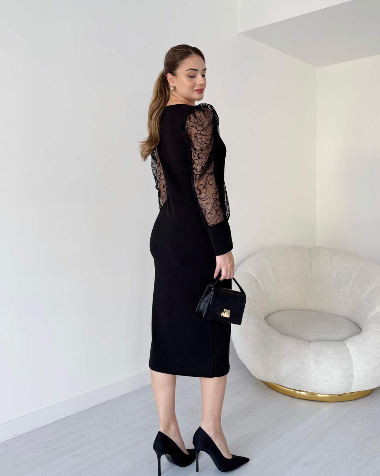 Kruvaze Yaka Kolu Tül Elbise